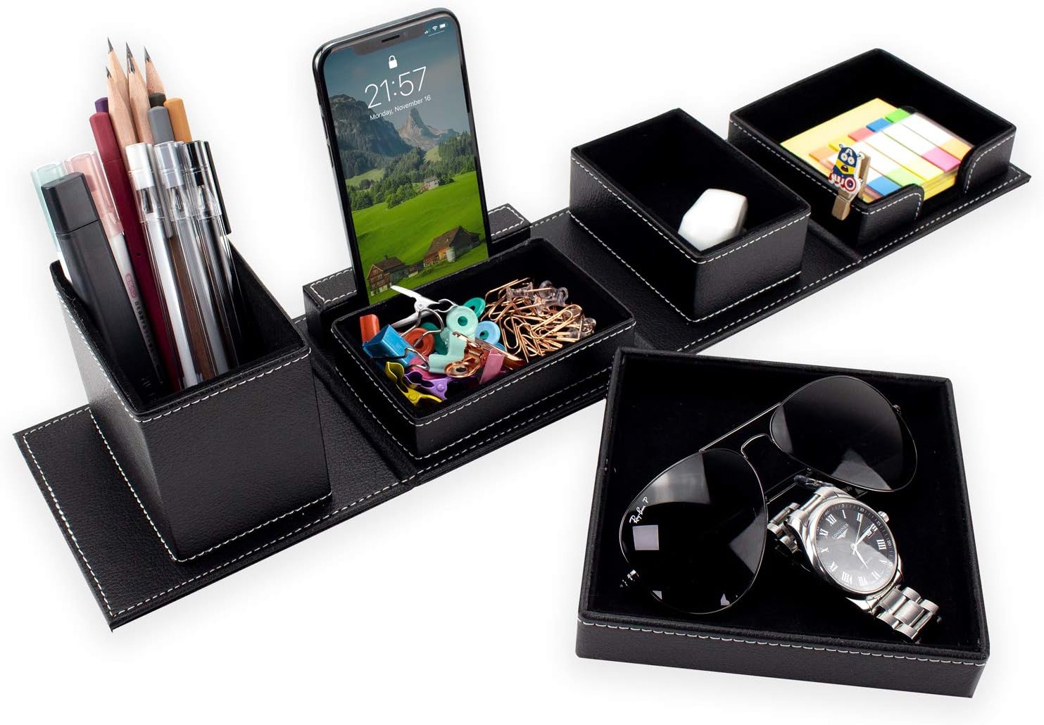 Leather Desk Organizer Set Multi-functional Stationery Storage Box Pen/Pencil, Cell Phone, Remote Control, desk pad, watch box, business card holder office desk Organizer, Black