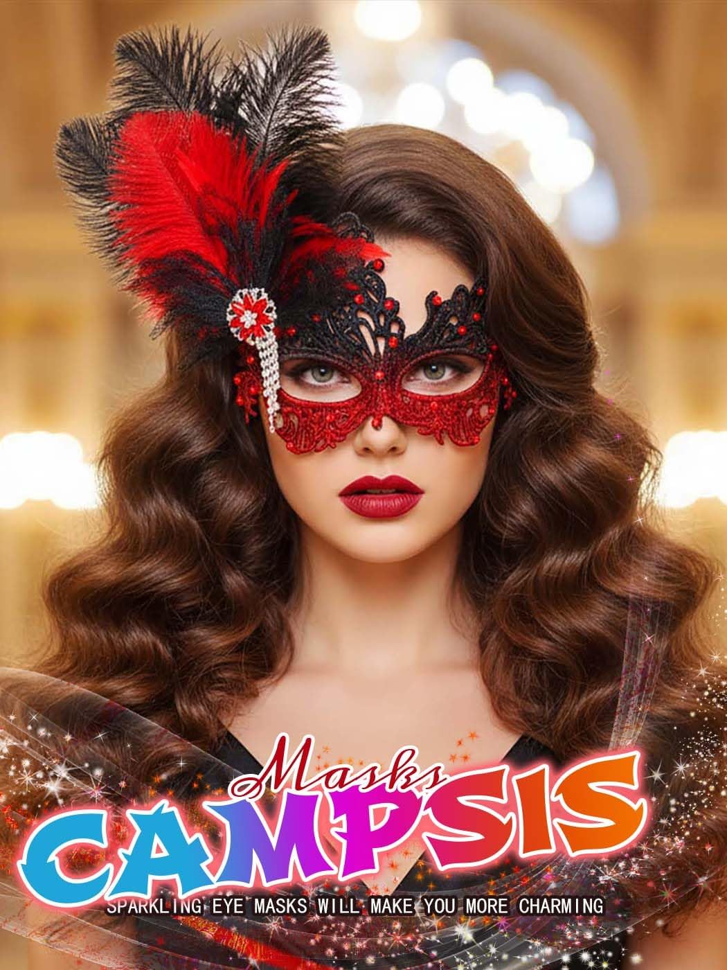 Campsis Masquerade Mask for Women, Feather Masquerade Ball Masks, Rhinestone Venetian Lace Mask
