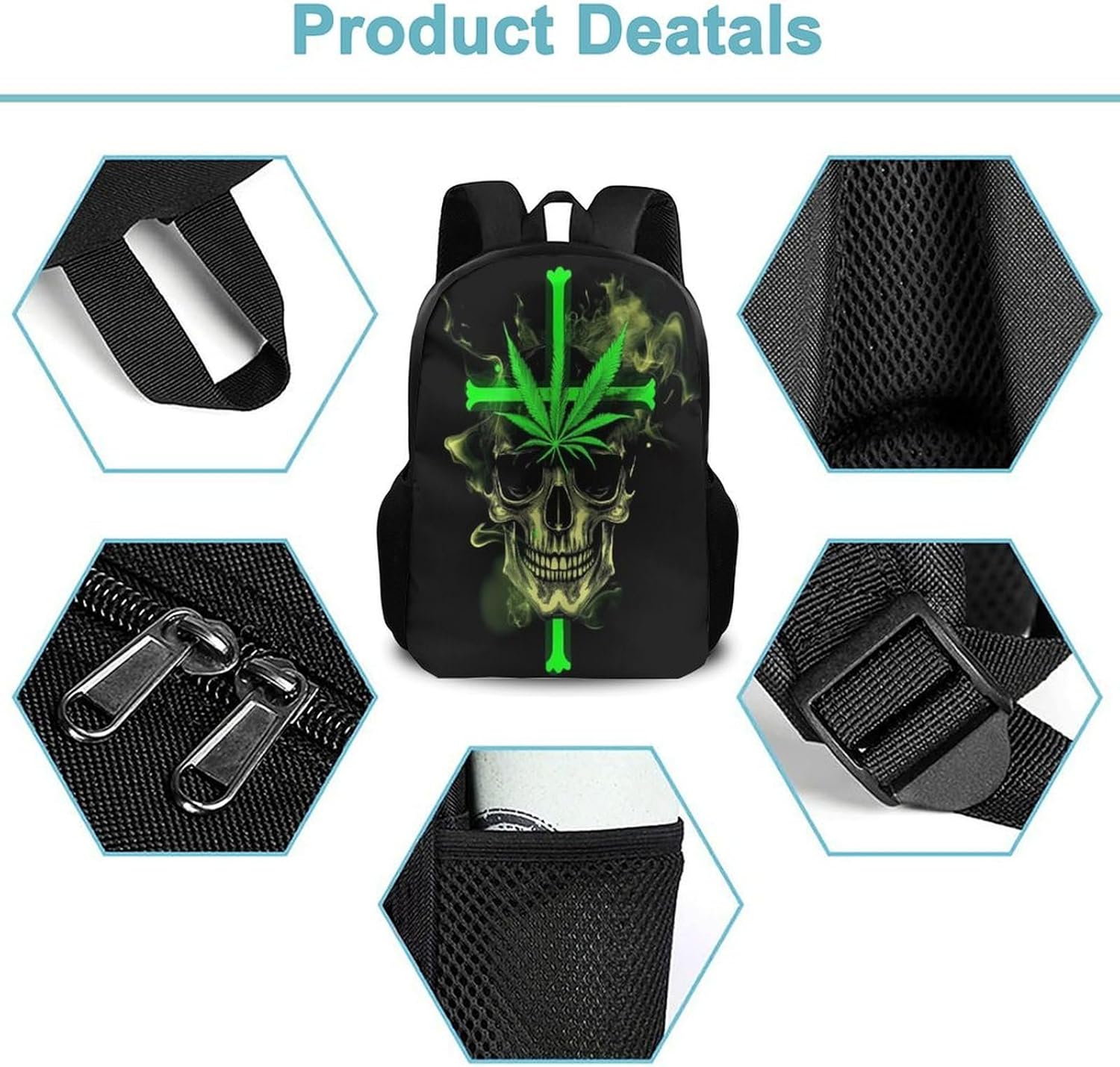 Black Backpack for Women Men Unisex Sturdy and Durable Skull Weed Leaf Leaves Green Black Shoulders Bag for Daily Commuting
