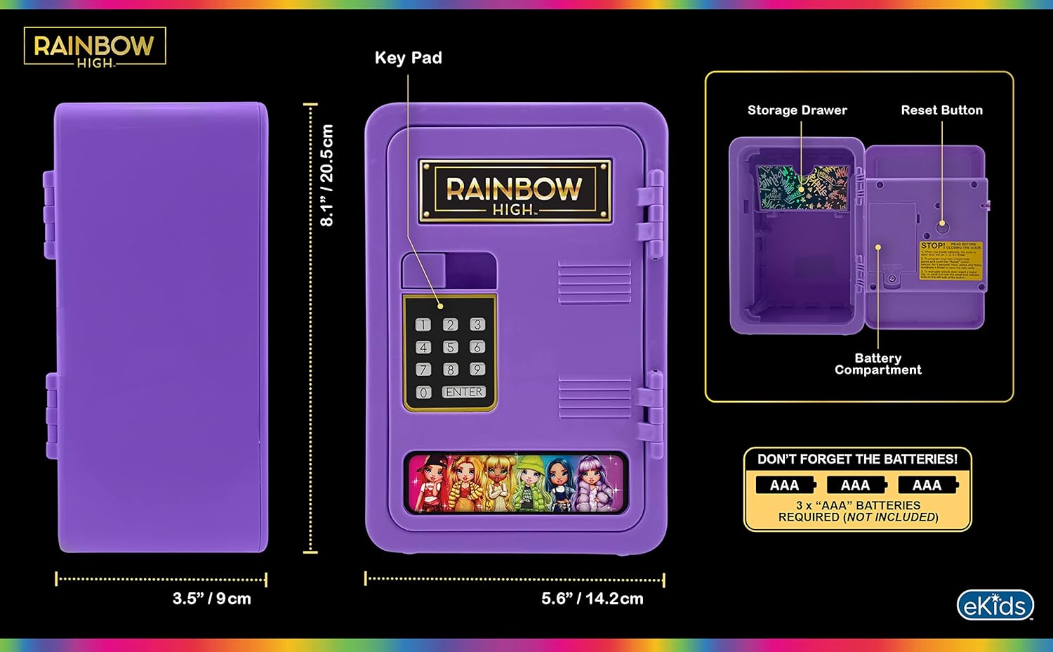 Diagram showing the eKids Rainbow High Digital Piggy Bank's internal components, including the battery compartment and reset button.