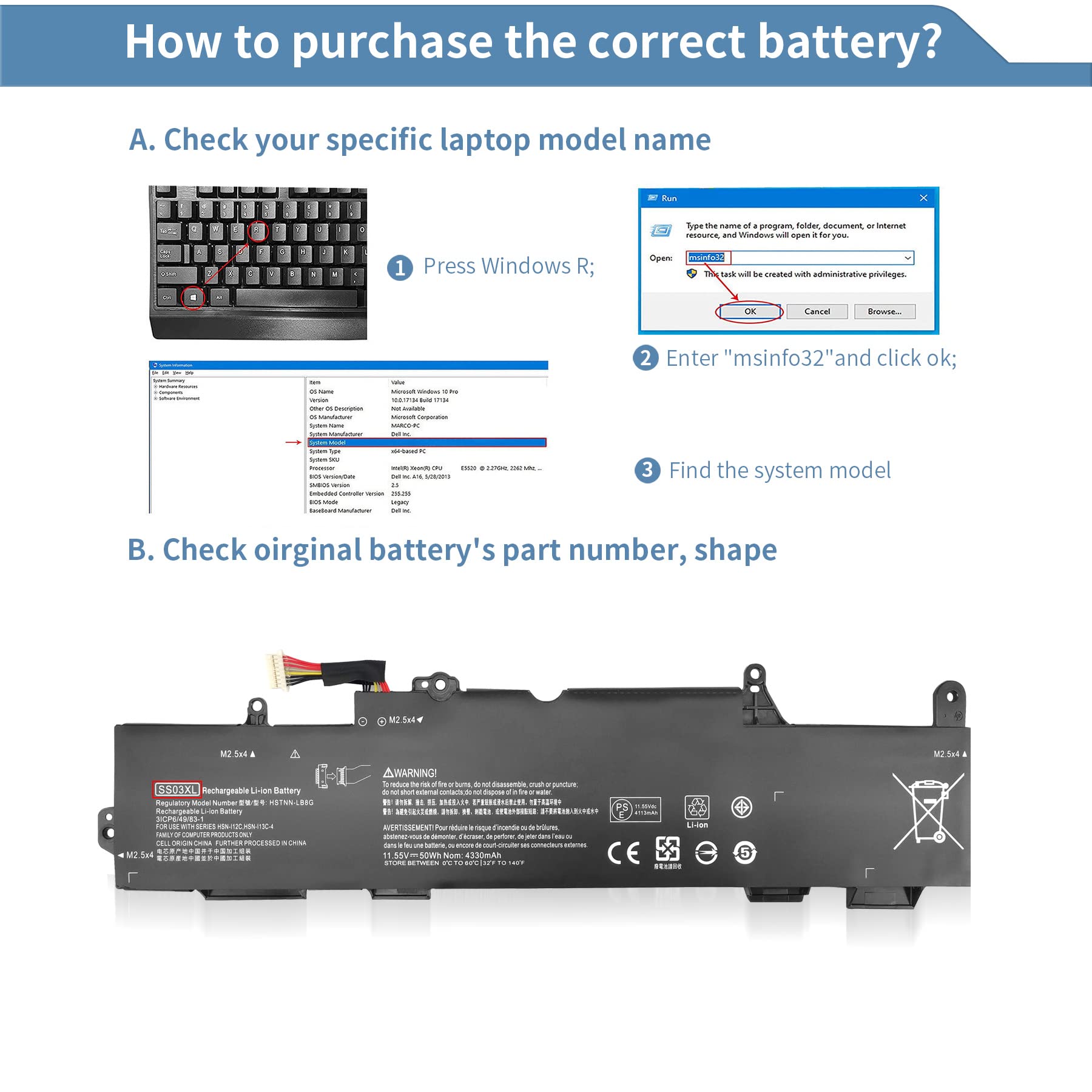 Batterie Ordinateur Portable HP Batterie 50Wh SS03XL Pour HP EliteBook 730/ 735/740/745/755/830/840 G5 G6 - Compatible HSTNN-LB8G Batterie HP