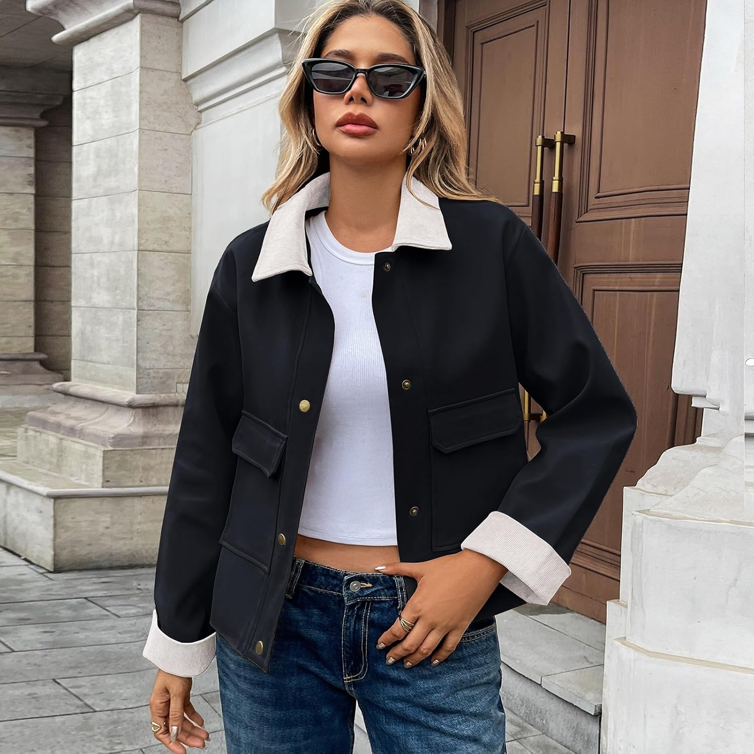 Oymyakon Women Cropped Jacket Contrast Collar Utility Coat Button Down Barn Jacket Fall Casual Cargo Jackets Outwear - Image 2