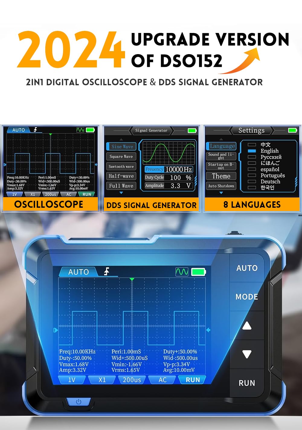 【Upgraded DSO153 Plus 10X Probe】 2 in 1 Oscilloscope/DDS Signal Generator, Digital Handheld Automotive Oscilloscope 2.8 inch TFT, 1MHz Bandwidth, 5MS/s Sampling Rate, Auto/Nomal/Single Trigger