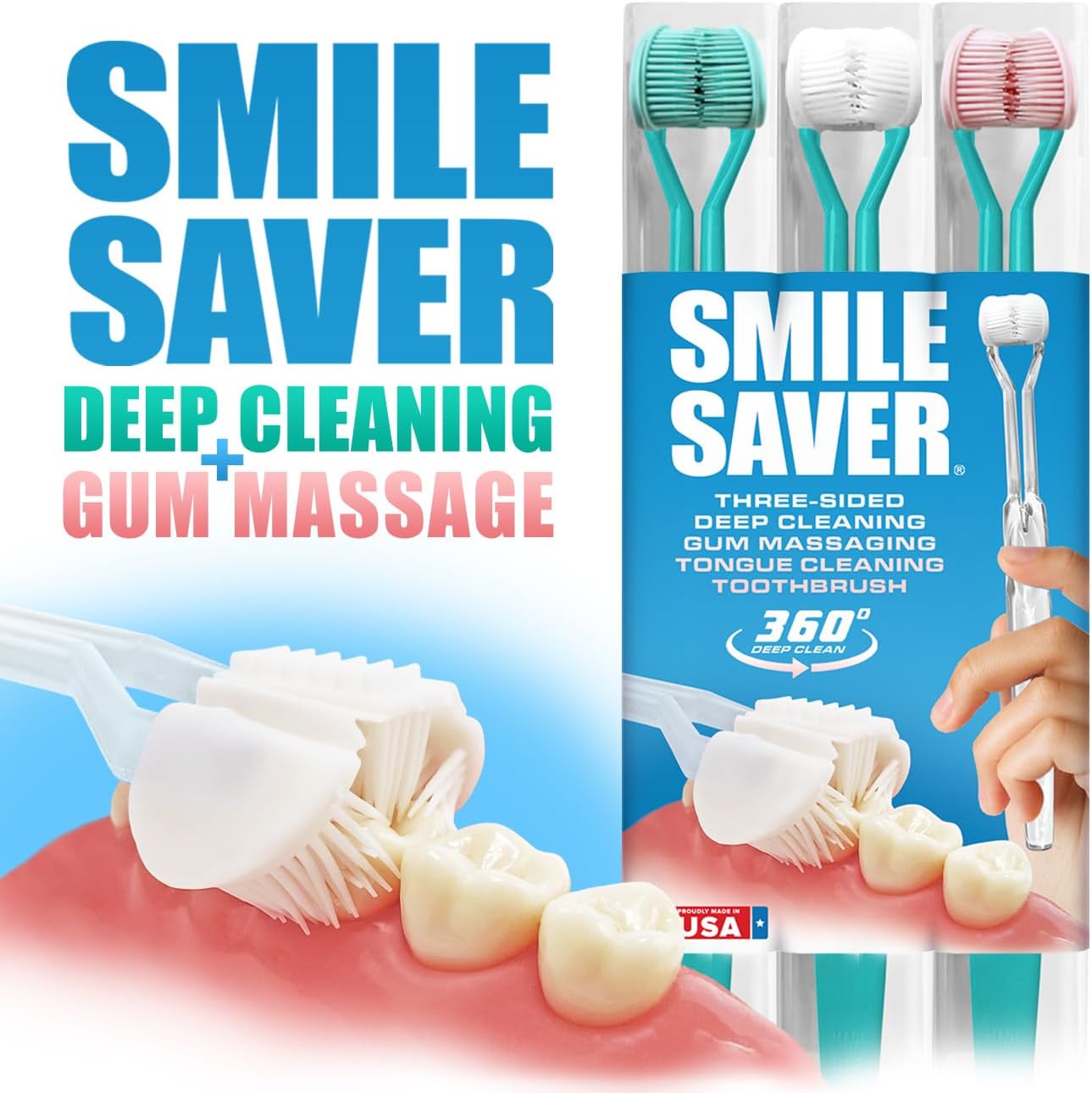 Smile Saver 360° 3-Sided Toothbrush for Kids & Adults | Sustainable U-Shaped Triple Soft Bristle Heads + Tongue Scraper Braces Caregivers Kids Child Adult | Prevention Gum Massage Special Needs | USA
