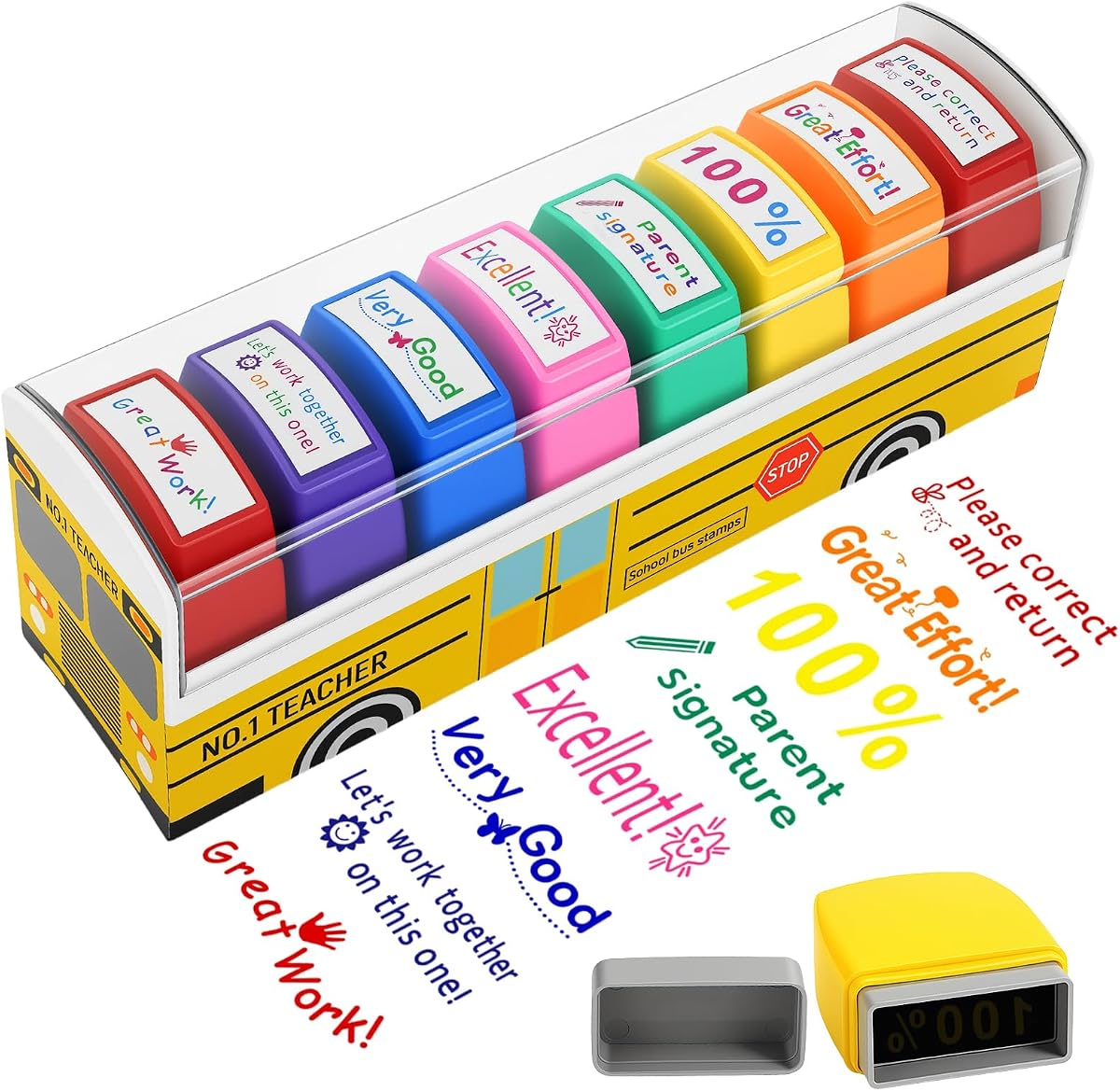 Teacher Stamps for Grading Classroom, Self-Inking Motivation Great Job Parent Signature Stamp for Homework Must Haves, New Teacher Back to School Appreciation Gifts, Homeschool Supplies (8pcs)
