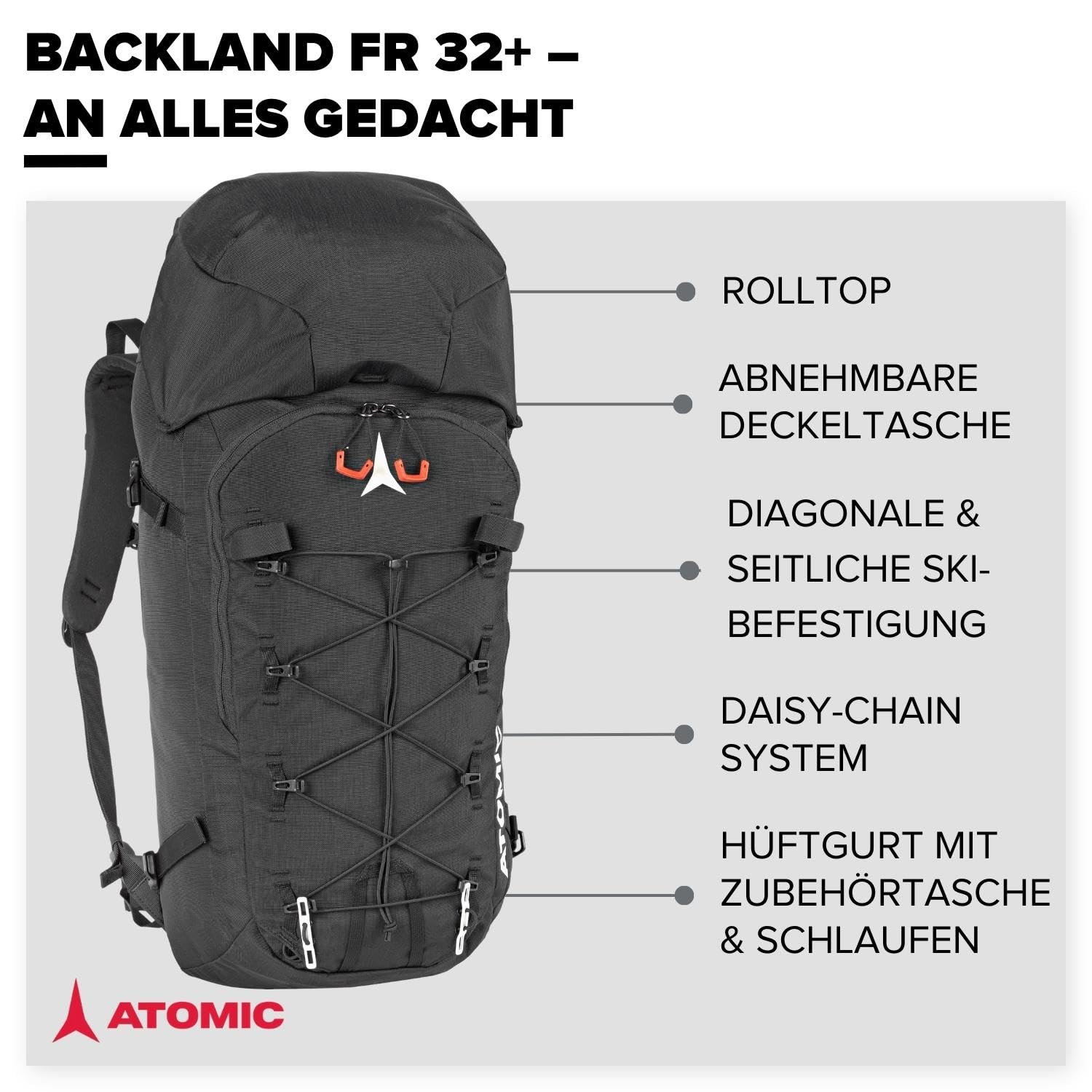 ATOMIC Backland FR 24+ Black - leichter Skitouren-Rucksack mit flexiblem Stauraum & Rolltop - alpiner Wanderrucksack mit mehr als 24L - robuster & vielseitiger Ski-Rucksack mit Hüftgurt