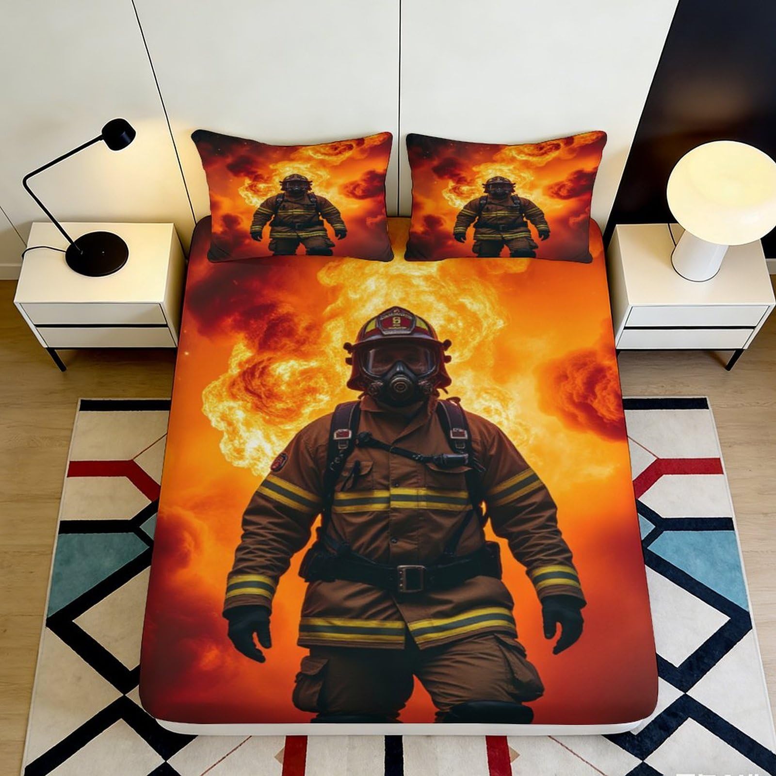 3D Printed Firefighter Fitted Sheet Microfiber Orange Flames Bed Cover for Bedroom Dorm Protection Decor 118 90x200x25cm