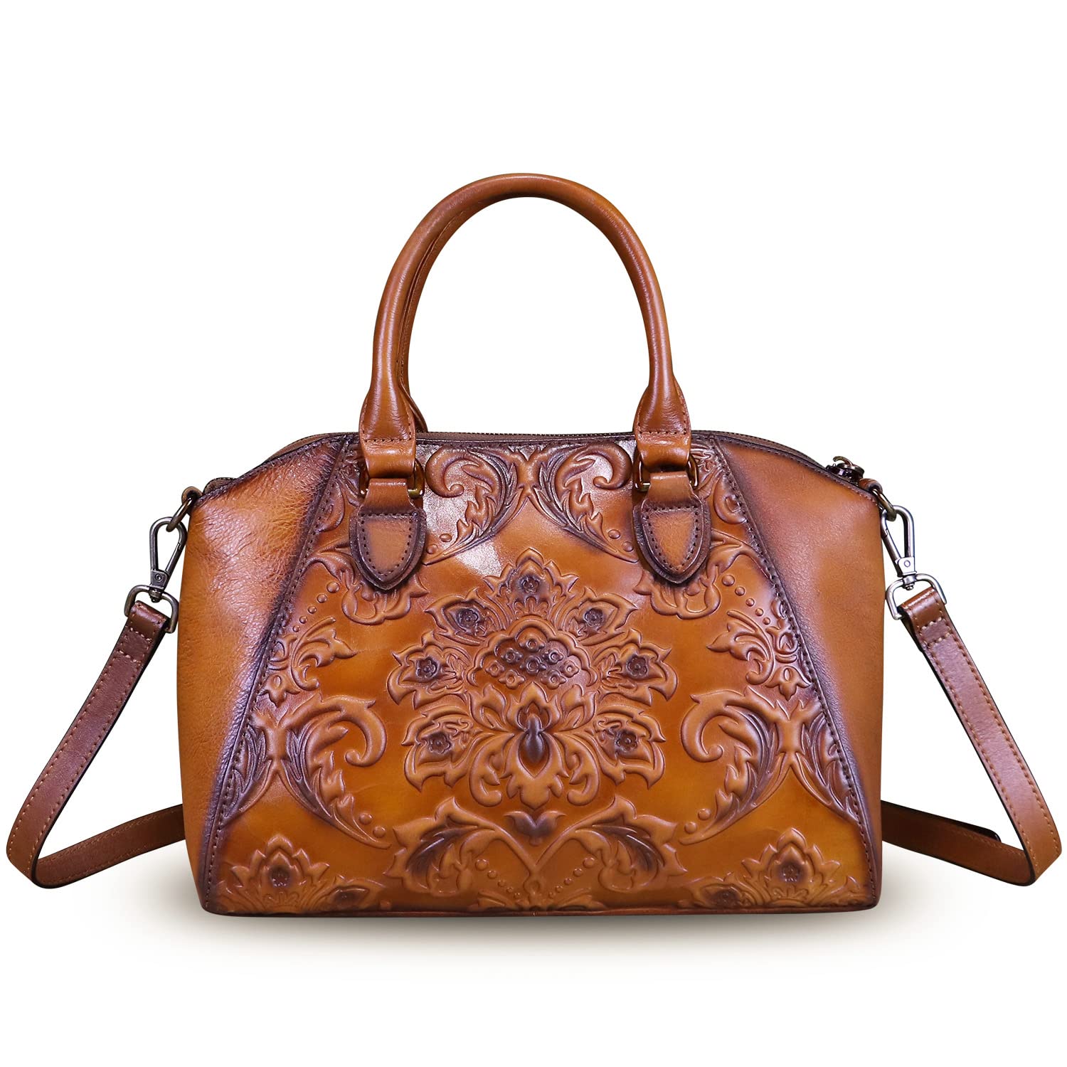 Genuine Leather Purses and Handbags for Women Vintage Embossed Leather Top Handle Bag Satchel Crossbody Shoulder Bag Strap