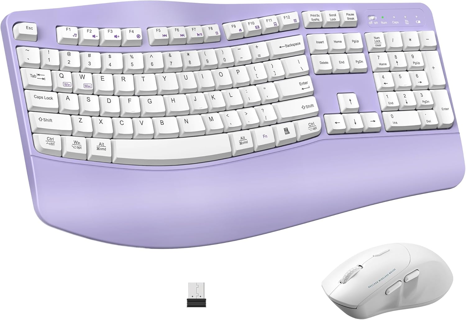 Ergonomic Wireless Keyboard and Mouse Combo, Wave Keys Keyboard with Wrist Rest for Natural Typing, 3 DPI Adjustable Ergonomic Silent Mouse for Computer/Laptop/Windows/Mac (Purple)