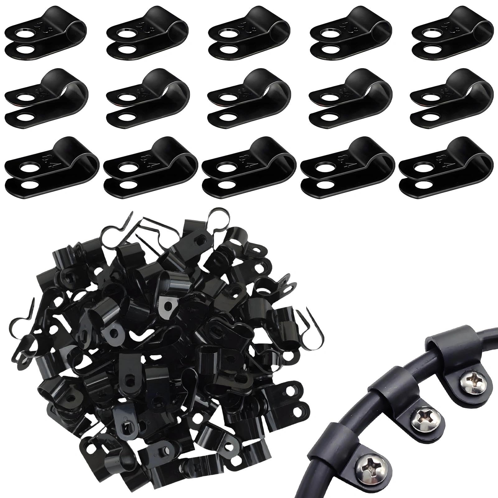 210 Pcs R Type Clip Clamp, Cable Clips, Nylon Cable Cleats, Black Wire Clamp, Mounting Cord Fastener Clip, 3 Sizes R Clips, for Wire Management