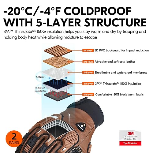 Miniatura 33 de Vgo... Guantes de trabajo resistentes para hombre, piel de cabra, repelente al agua, guantes de rigger, antivibración, pantalla táctil