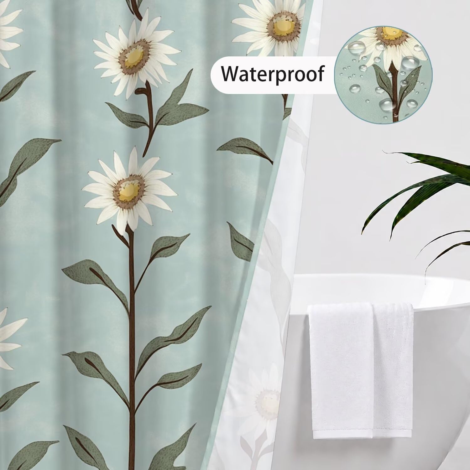 Duschvorhang 200 x 240 cm Salbeigrün, Duschvorhänge Waschbar Textil Polyester Stoff mit 12 Ösen und Duschvorhangringe für Badewanne Vorhang, Wasserdicht Duschvorhang mit Gewicht Unten (Blume) W-P406