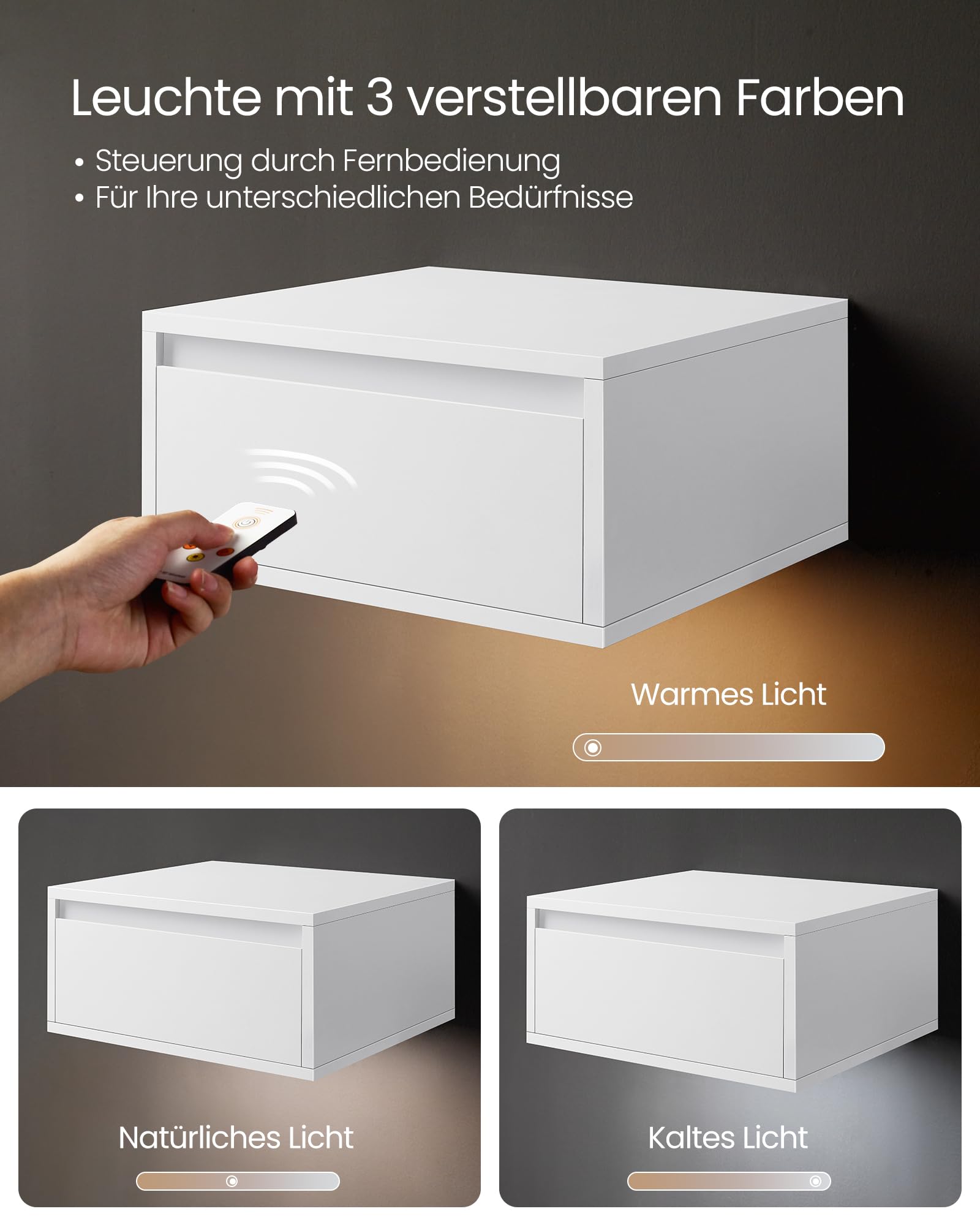 VASAGLE Kailyn Kollektion - Nachttisch hängend 2er Set, Leuchte mit 3 Farben, schwebendes Wandregal, Schublade, 35 x 40 x 18 cm, modern, Wohnzimmer Schlafzimmer, wolkenweiß LET854W01