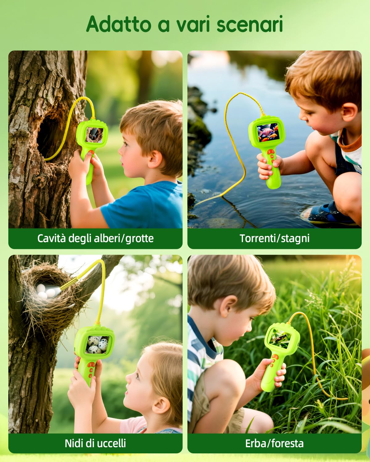 Endoscopio per bambini, Camera bambini 1080P, Gioco STEM per esplorazione all'aperto, giardino, campeggio e natura, Migliori regali di compleanno per ragazzi e ragazze di 4, 5, 6, 7, 8, 9, 10 anni