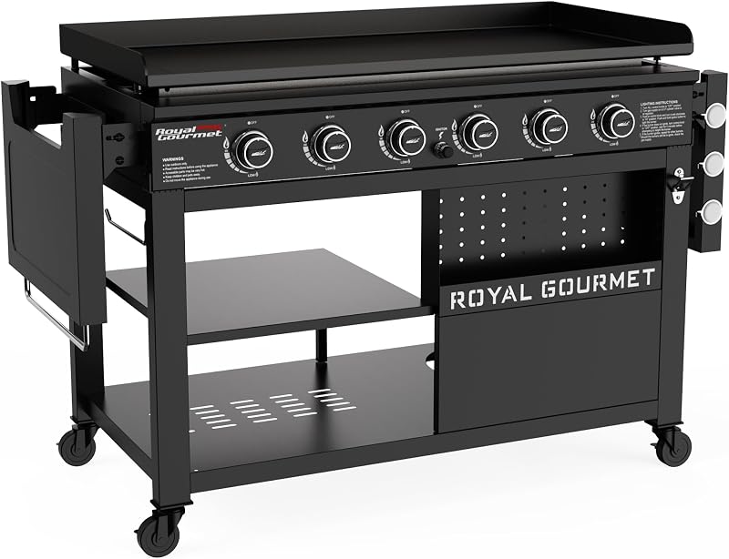 GB6000 6 Burner Propane Gas Griddle with Folding Side Tables | 44-Inch Flat Top Gas Grill with Double-Layer Bottom Shelves, 994 Sq. In., 78,000 BTU, for Outdoor Party or Backyard Barbecue