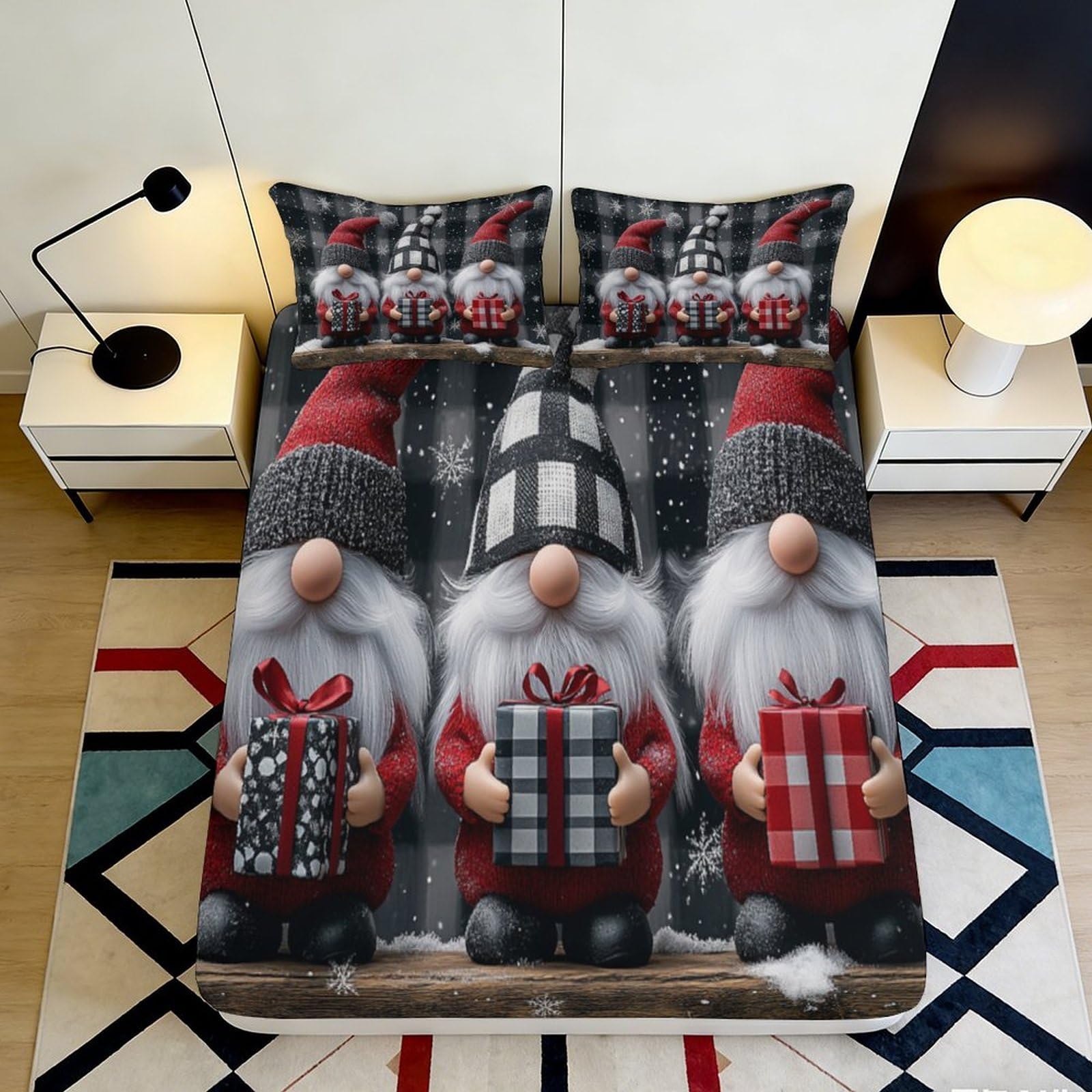 Pnayamiorkfel Style-7 3D Printed Christmas Gnome Fitted Sheet Microfiber Festive Plaid Gift Bed Cover For Bedroom Guest Room Mattress Decor 90X200x25cm