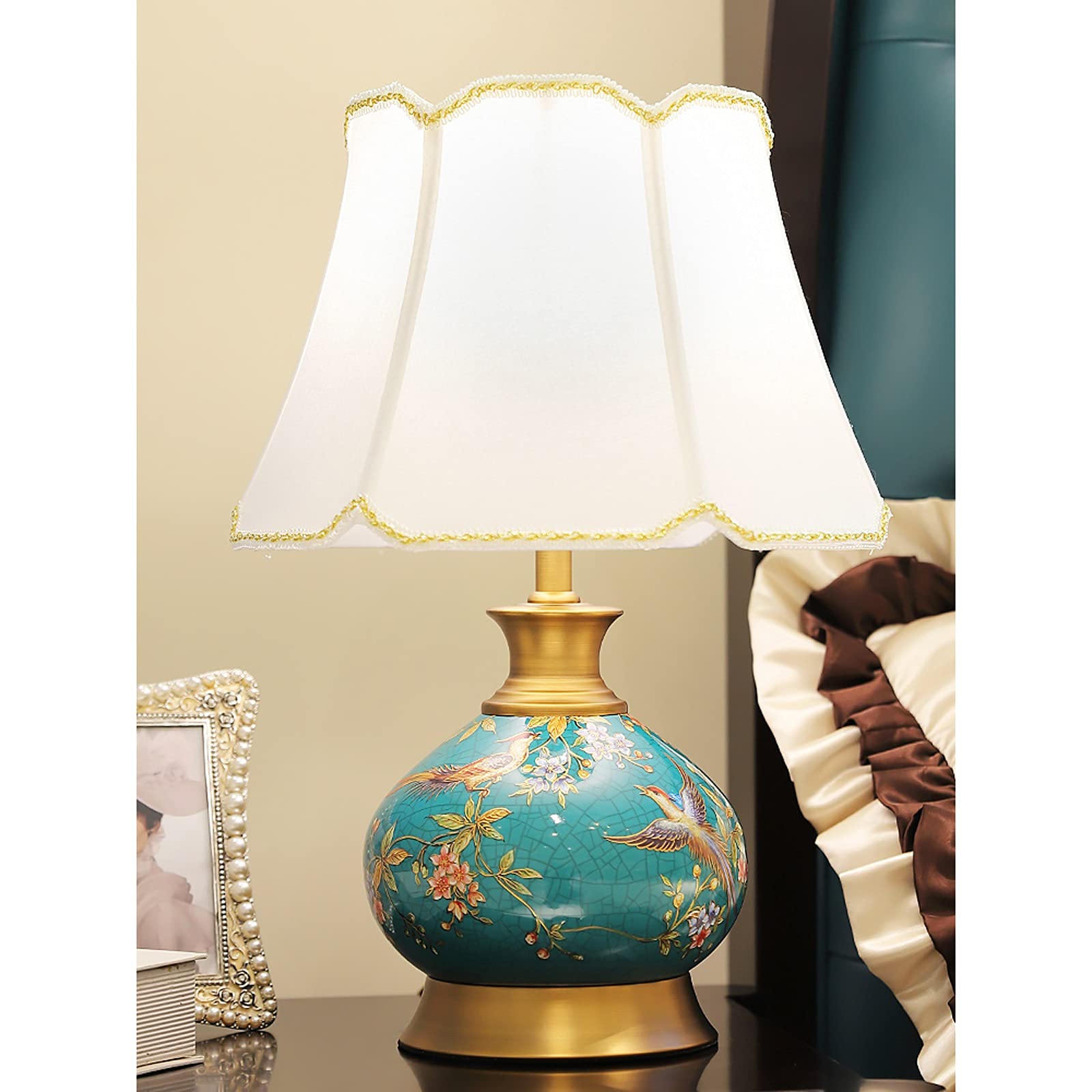 desk lamp Lampa na biurko Retro zielone lampy stołowe Ceramika Lampki nocne z abażurem z tkaniny Zwięzłe stoliki nocne w stylu chińskim Lampy stołowe do domowego biura Lampka do nauki, 19-calowa