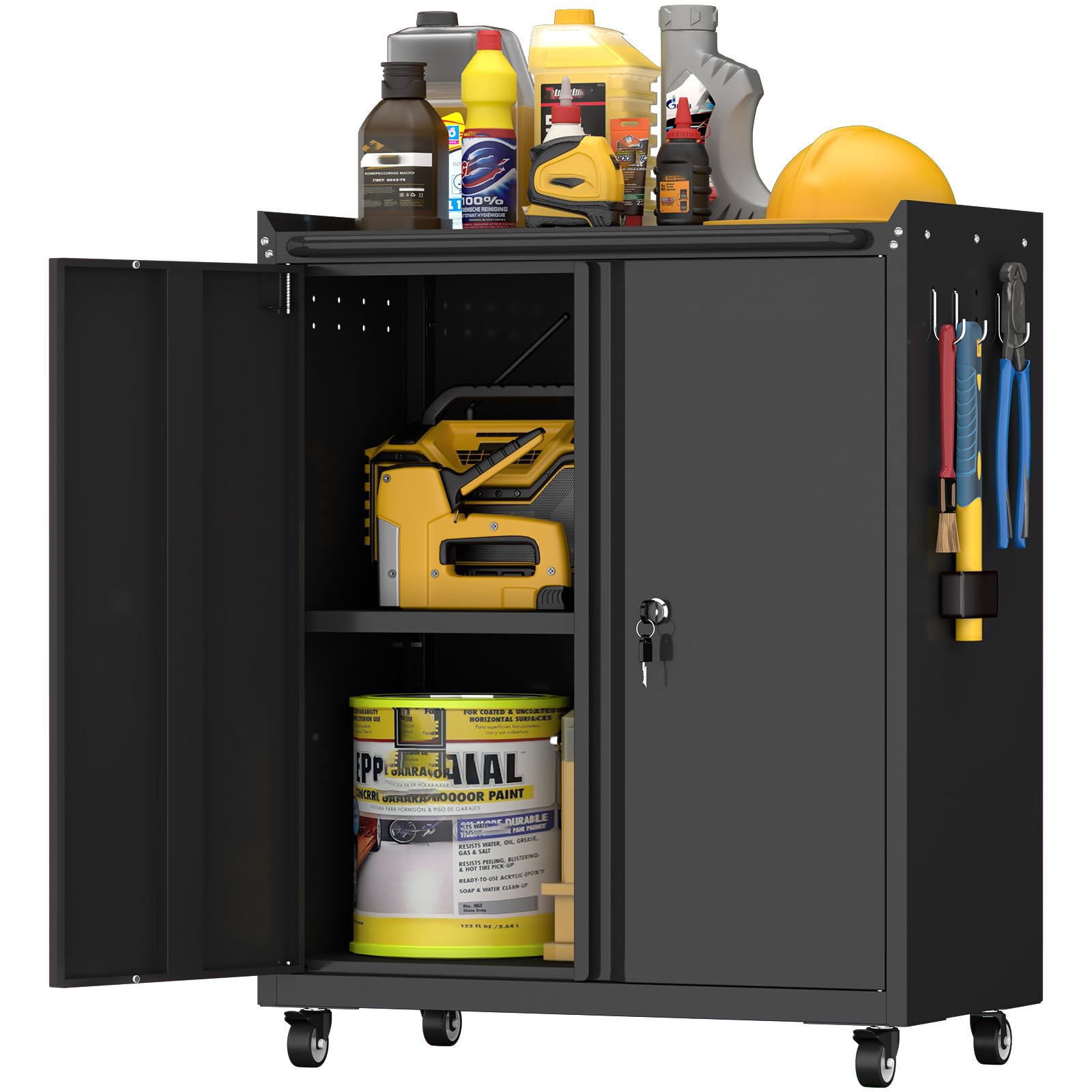 Garage Storage Cabinet with Wheels, Black Storage Cabinet with Adjustable Shelves, Rolling Cabinet with Dual-Side Pegboard, Tool Cabinets for Garage, Basement, Home Office