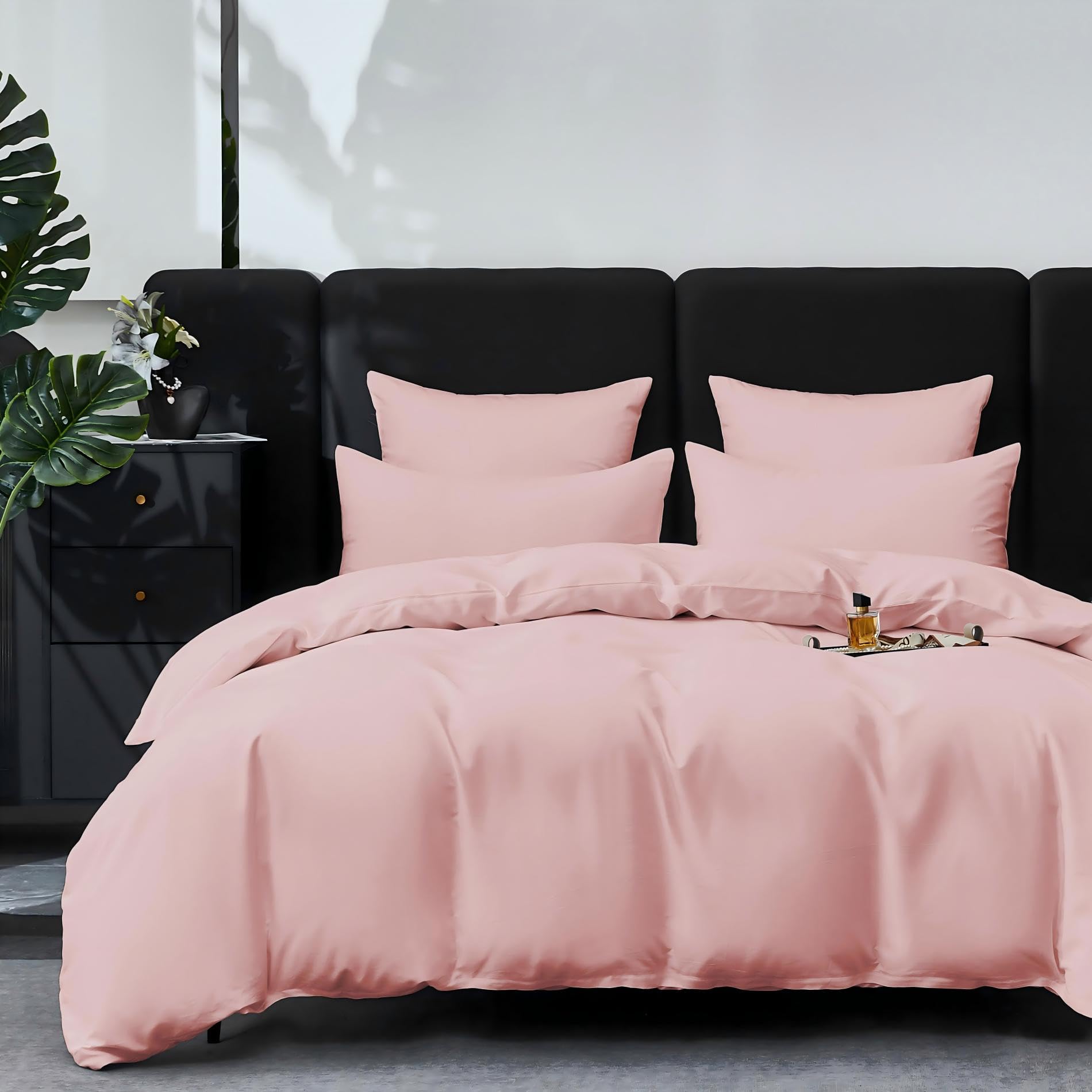 Ropa de cama de satén, 220 x 240 cm, color rosa, 100 % algodón de fibras largas, refrescante, satén Mako, ropa de cama suave y transpirable, de seda, juego de 3 piezas con cremallera y 2