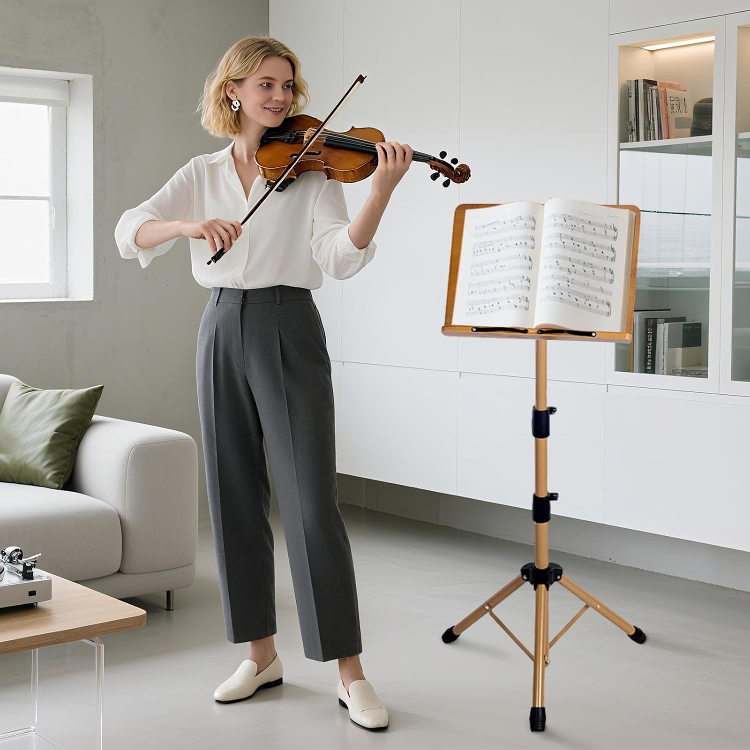 Portable Music Stand - Folding Music & Book Stand with Carrying Bag, Adjustable Height Wooden & Metal Foldable Podium Stand for Sheet Music, Reading, Bible, Laptop, Cookbooks, Projector