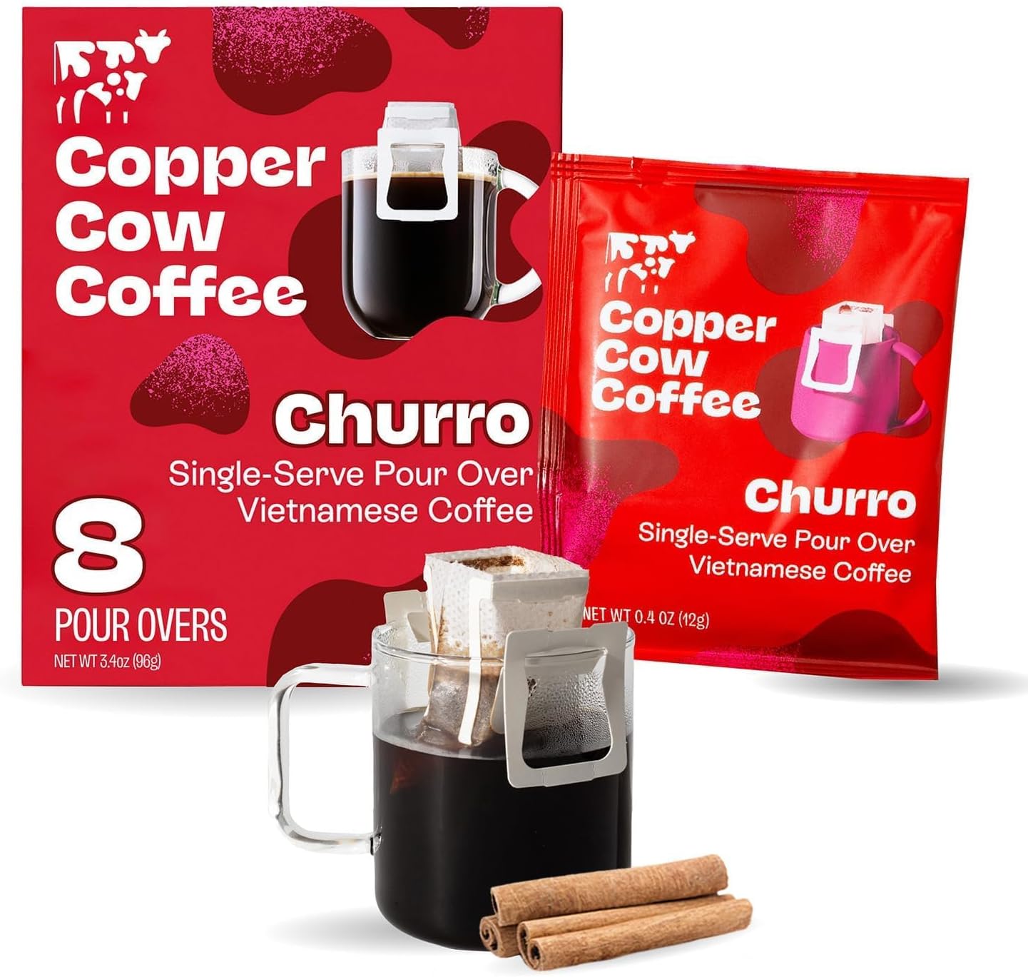 Copper Cow Coffee Premium Pour Over Single-Serve Vietnamese Coffee Pouches (16 pack) | Churro | Dark Roast | Flavored with Real Cinnamon | Convenient Vietnamese Ground Coffee Packets, Travel Friendly