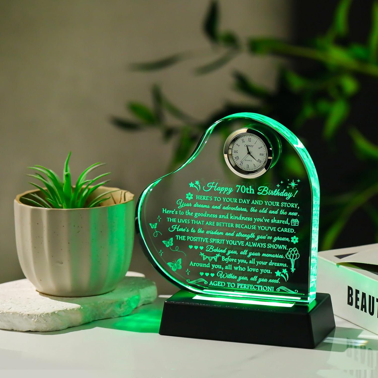 Movdyka Unique Happy 70th Birthday Gifts for Women & Men - Personalized 1955 Glass Clock Decor with Night Light, Classy 70 Year Old Female Present for Mom, Dad, Grandparents, Friends