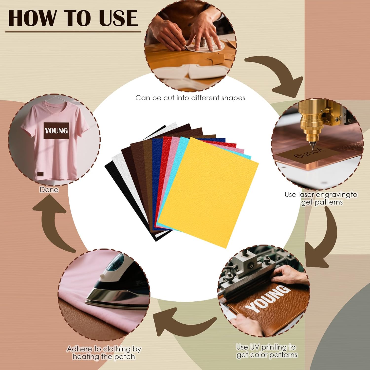 10Pcs Laserable Leatherette Sheets 12.6 x 10.2 Inch, Large PU Leather Blanks for Laser Engraving, 10 Colors Leather Patches with Heat Press Adhesive Backing for DIY Hats Caps Jackets Backpacks Crafts