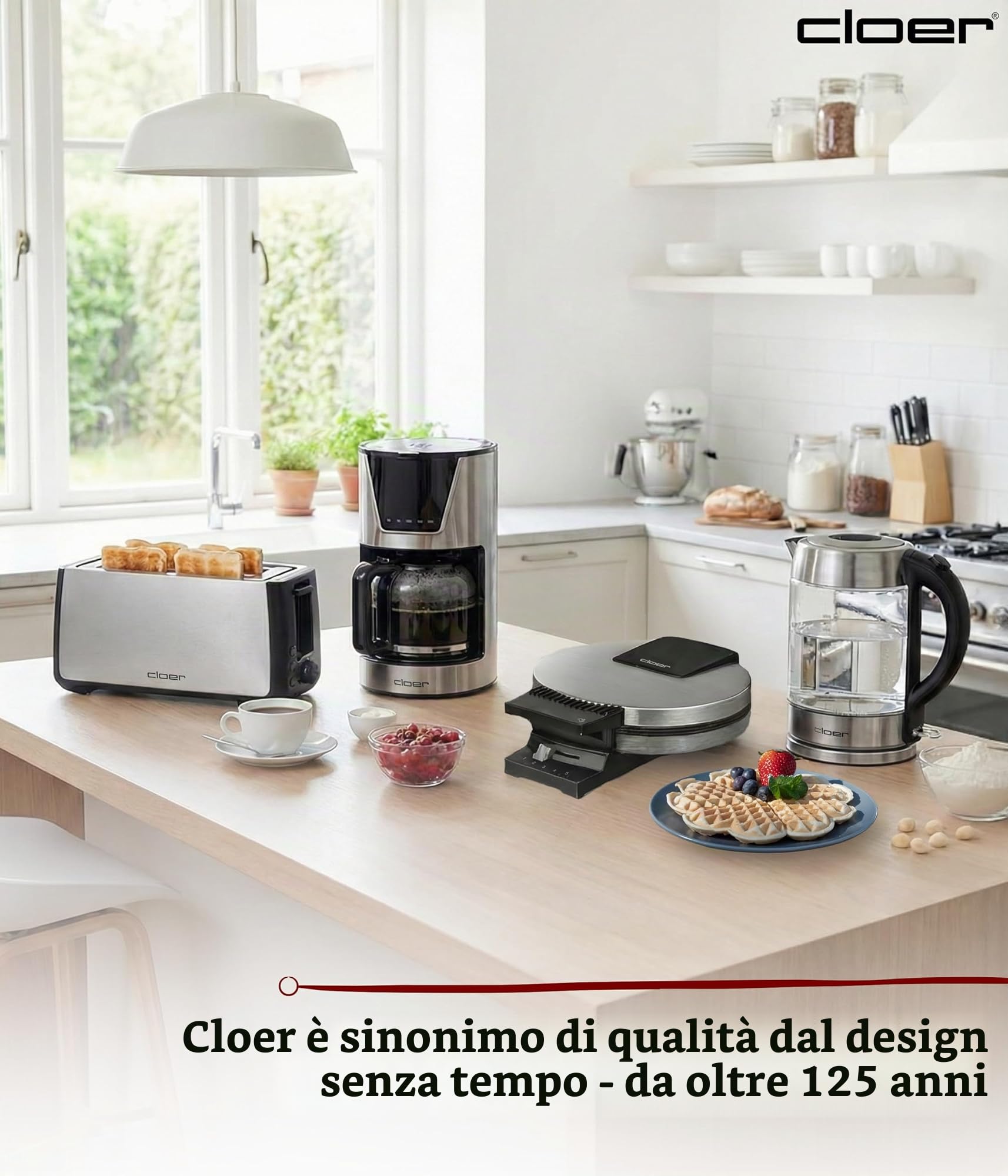 Cloer 189 Piastra per Waffle, 930 W, doppio rivestimento antiaderente, dimensione di cialda 16 cm, piastre di cottura pesanti, segnale acustico e spia di cottura, acciaio inossidabile