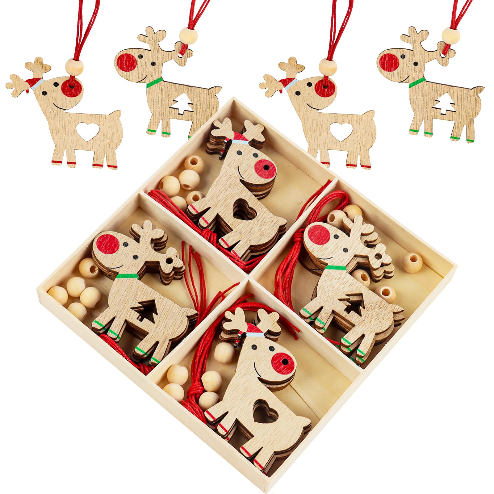 JWTRSVTY 20 PCS Alce Navidad Colgante De Madera, Madera Alce Árbol De Navidad Adornos, DIY Adornos De Madera De Alce Set, Reno Colgantes En Madera Con Cuerda y Cuentas, para Decoración Árbol Navidad