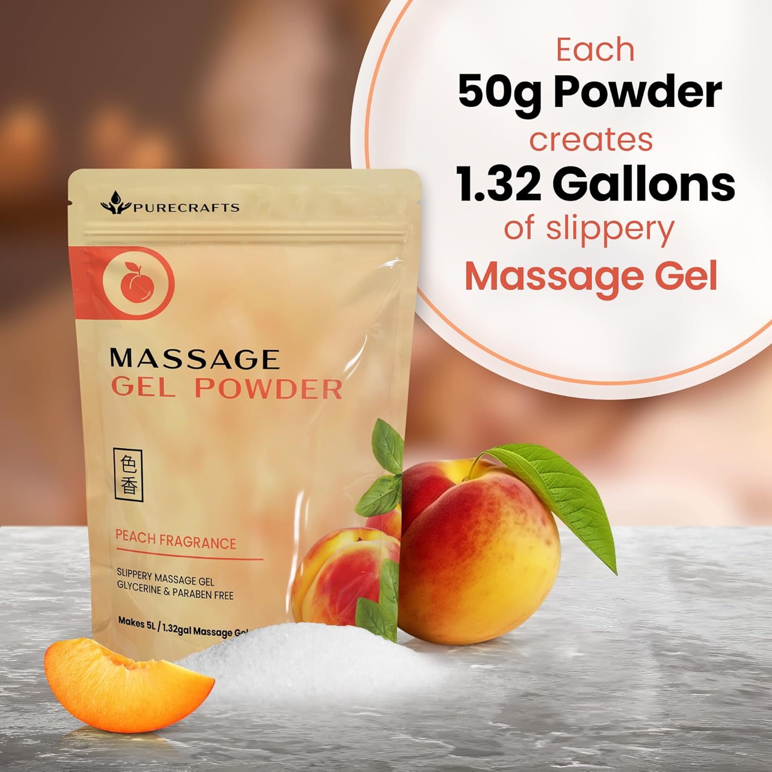Massage Gel Powder 50g | Peach Fragrance | Made in Japan | Smooth and Slippery Gel for Wellness and Relaxation | 50g Makes 1.32 Gallons/ 5 litres | Just Add Water - Image 3