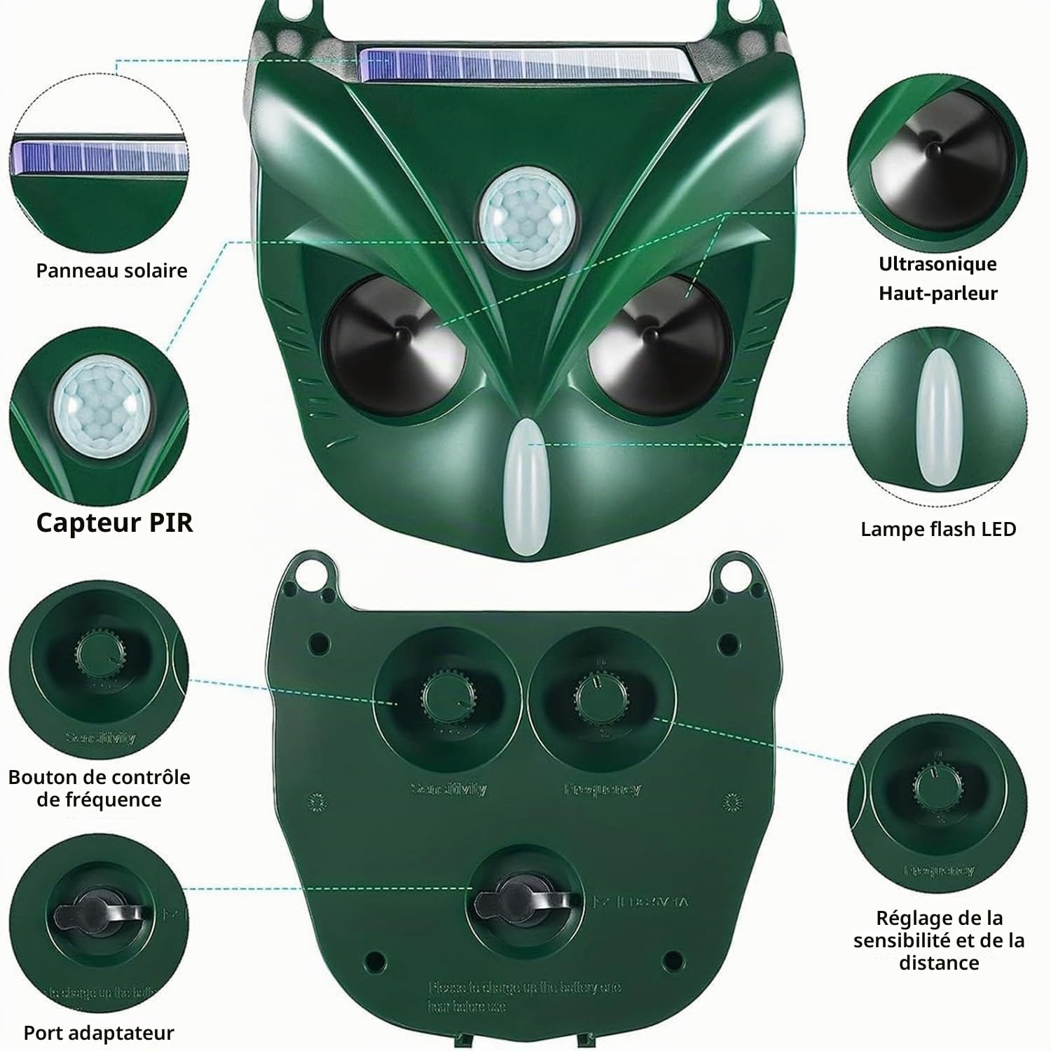 Répulsif à ultrasons pour chat, 5 modes, solaire et rechargeable, dissuasif pour cerf, chien, lapin, mouffette, oiseau pour jardin extérieur (RC546)