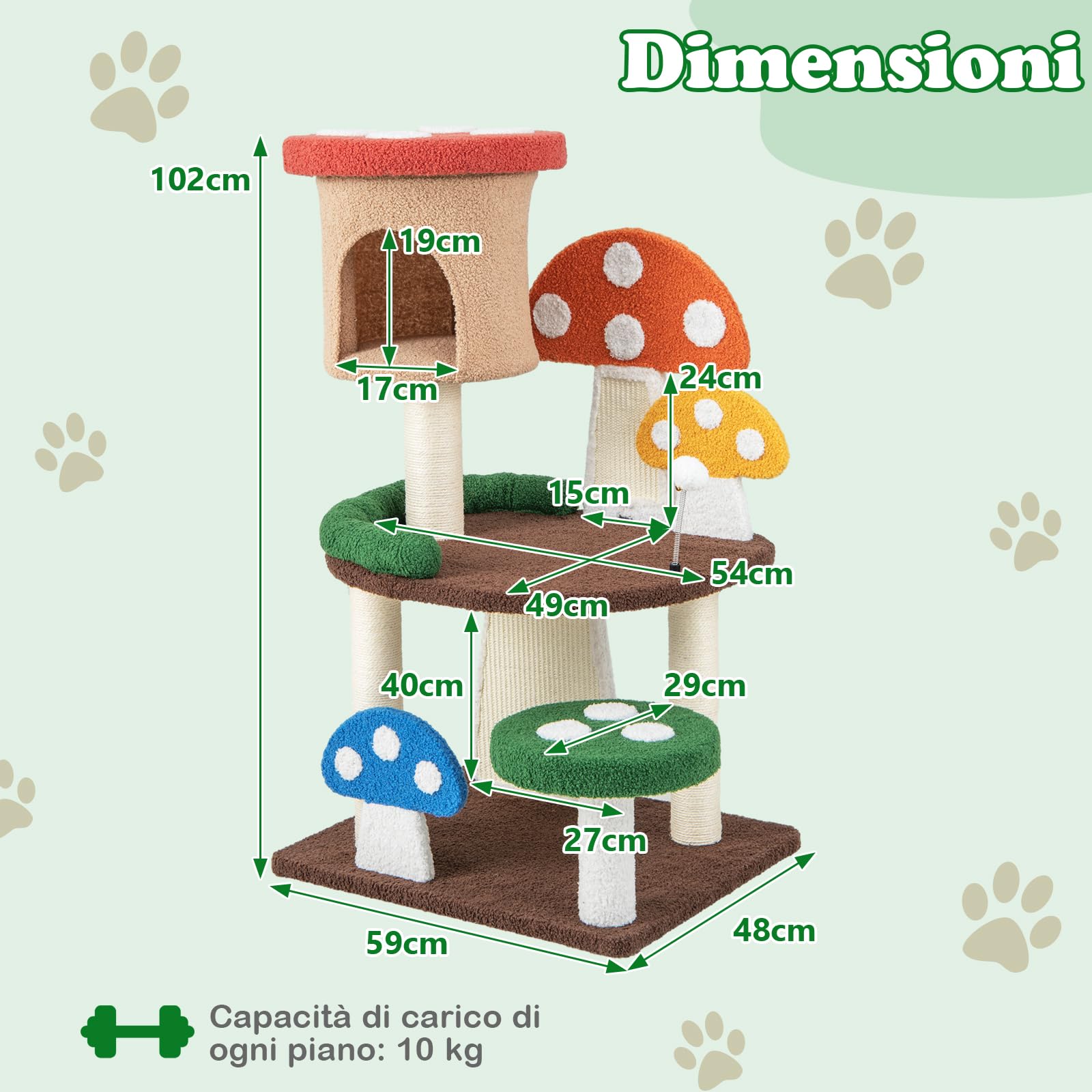 GYMAX Albero Tiragraffi per Gatti a Forma di Fungo, Centro Attività per Gattini (59 x 48 x 102 cm)