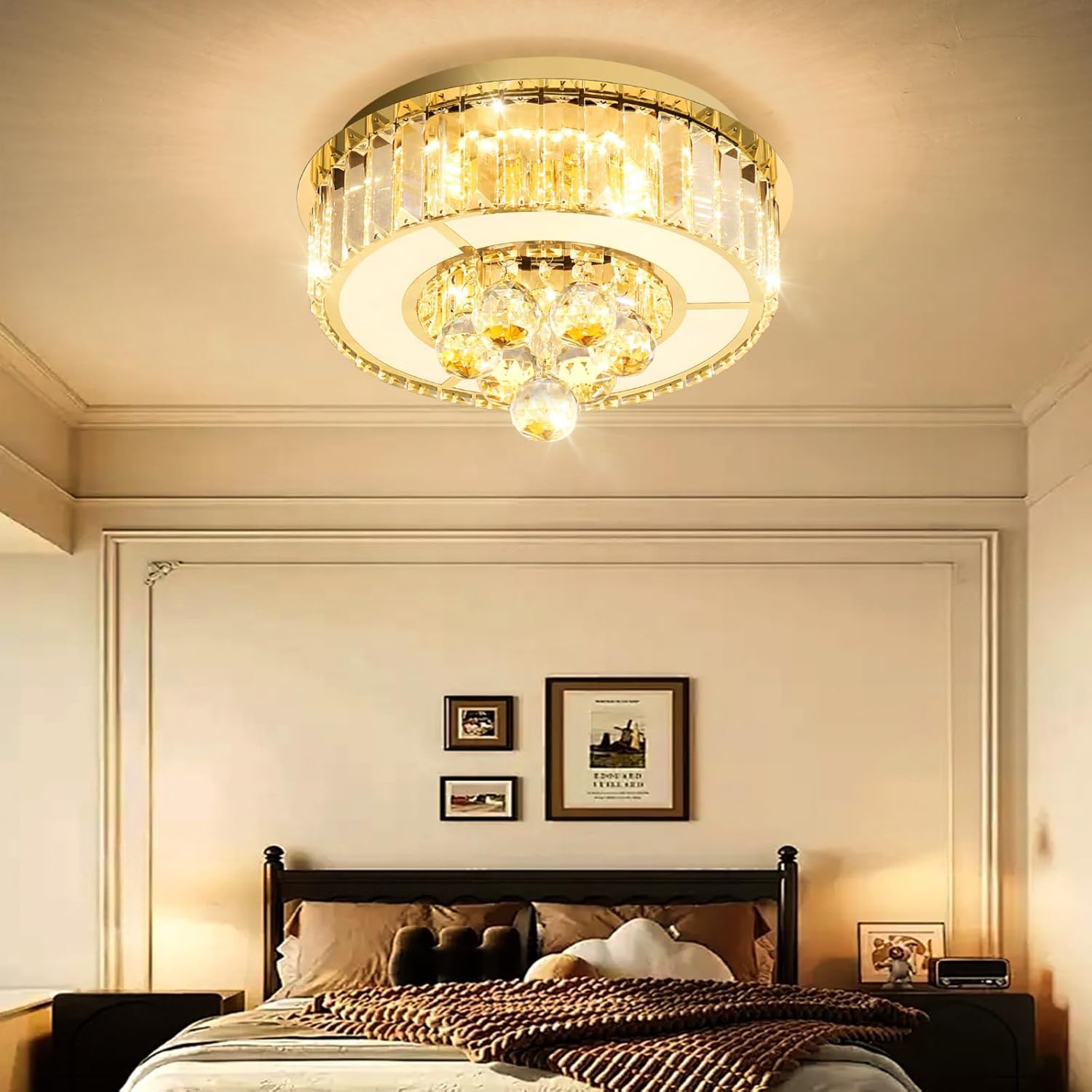 11.8" Gold Modern Crystal Chandeliers for Dining Room LED Dimmable Light Fixtures Flush Mount Light Living Room Bedrooms