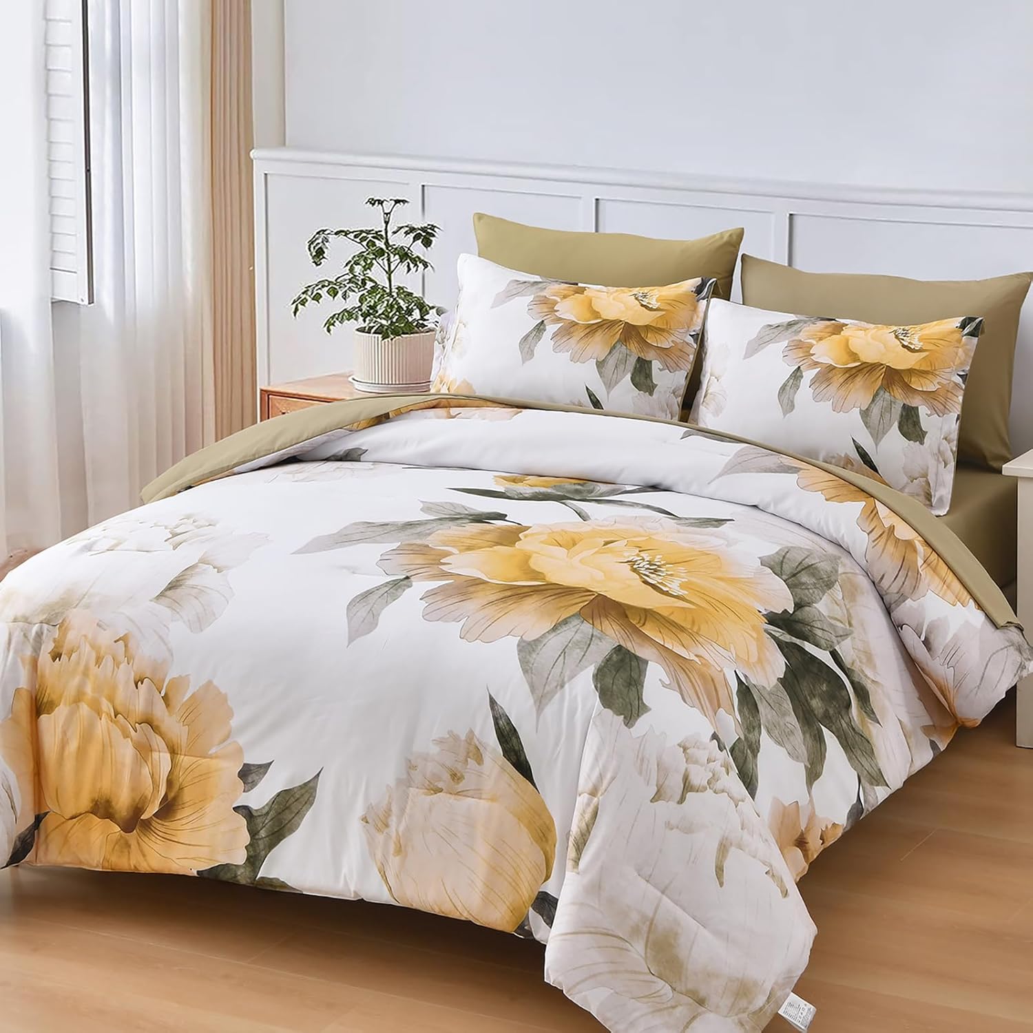 Dobuyly Yellow Comforter Set Queen Size 7 Piece Bed in a Bag, Yellow Floral Comforter Set with Sheets, Soft Microfiber Botanical Complete Bedding Set for All Season - Image 2