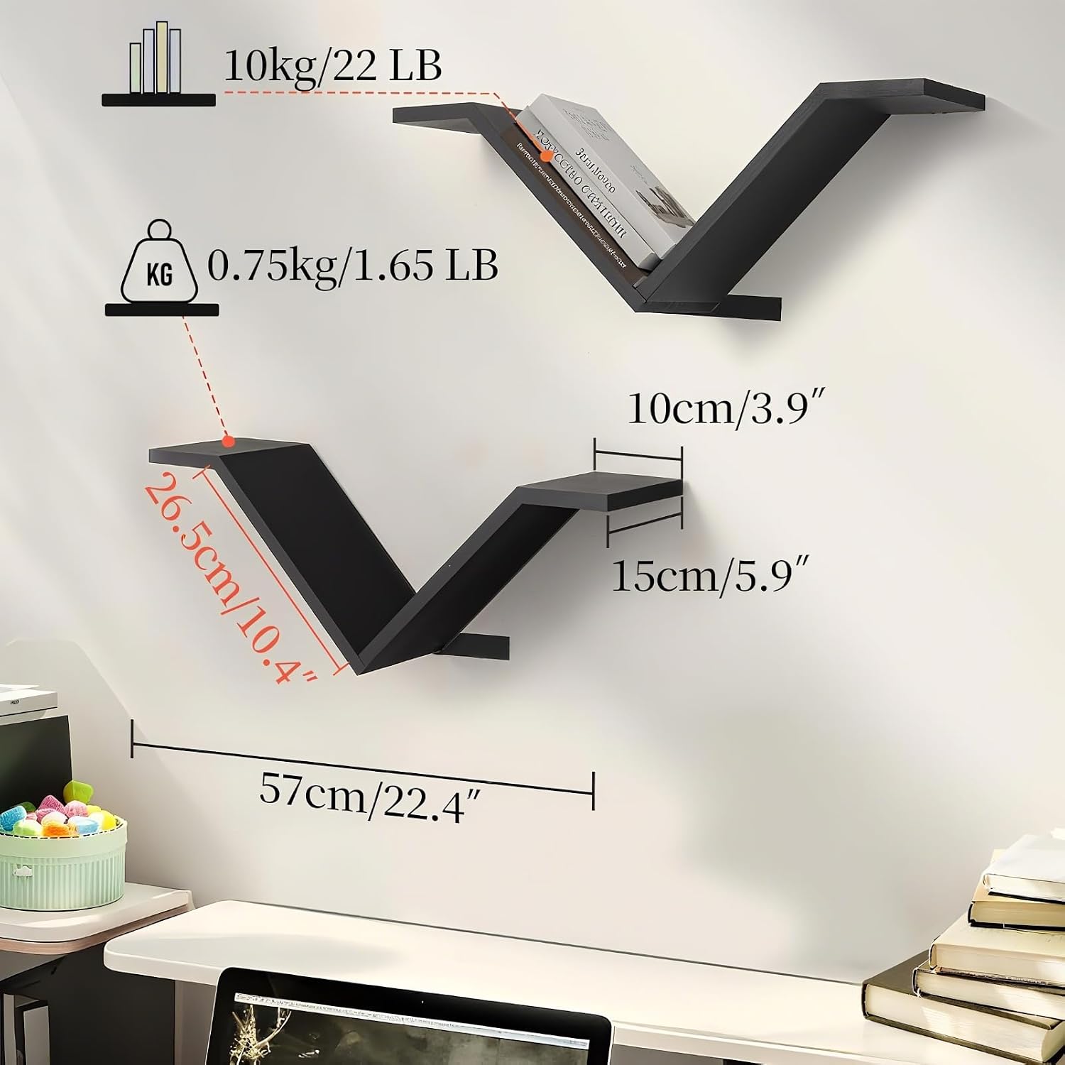 Book Shelf for Wall of 2 - Floating Shelves for Wall Set, Space-Saving Black Shelves for Bedroom/Living Room/Office