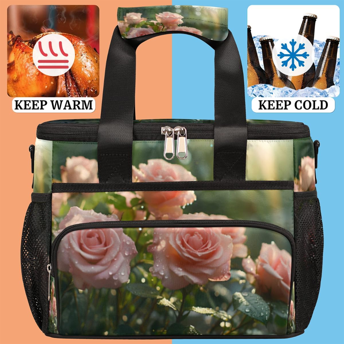 Sun Shine Insulated Picnic Backpack Lunch Box for Women Men Picnic Basket Tote Lunch Bag Picnic Bag Portable Lunch Bags for Picnic, Beach, Work, Trip,Office, Camp Pinks Roses