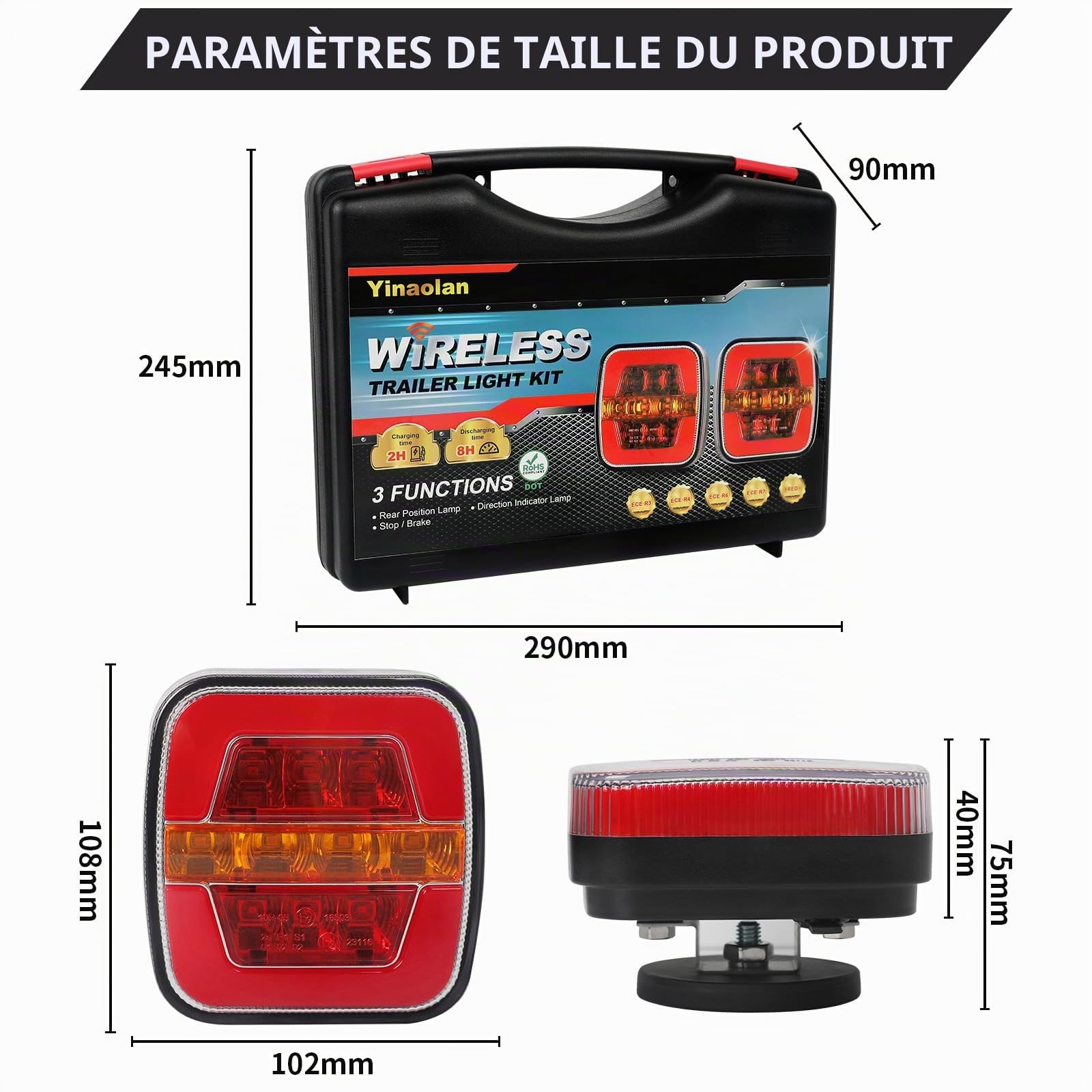 Kit de feux arrière à LED sans fil, aimant pour panneau d'éclairage de remorque 12/24 V - 5 fonctions, étanche, rechargeable avec aimant, certificat E-Mark