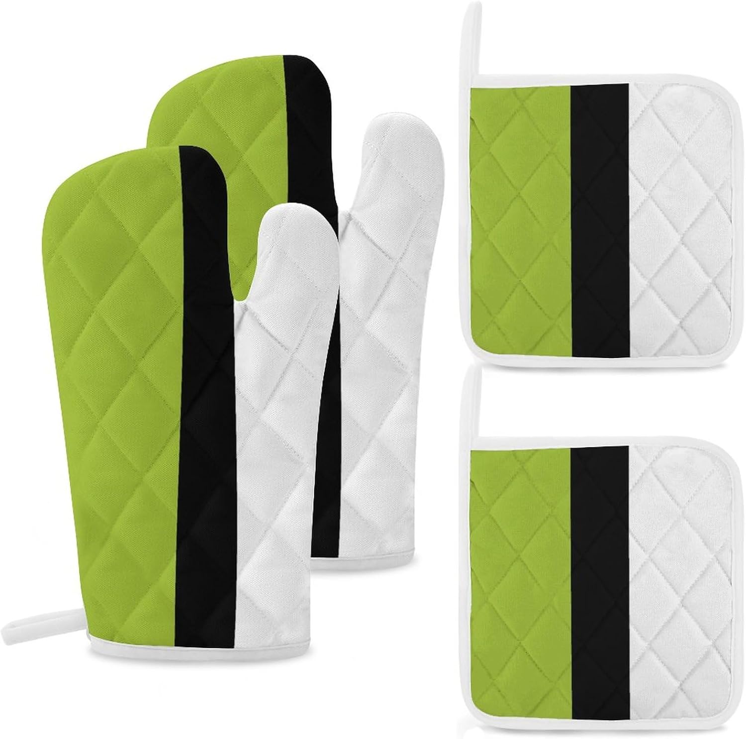 4Pcs Oven Mitts and Potholders, Modern Lime Green Black White Oven Mitts Gloves Set Heat Resistant Hot Pads for Kitchen Cooking Grill