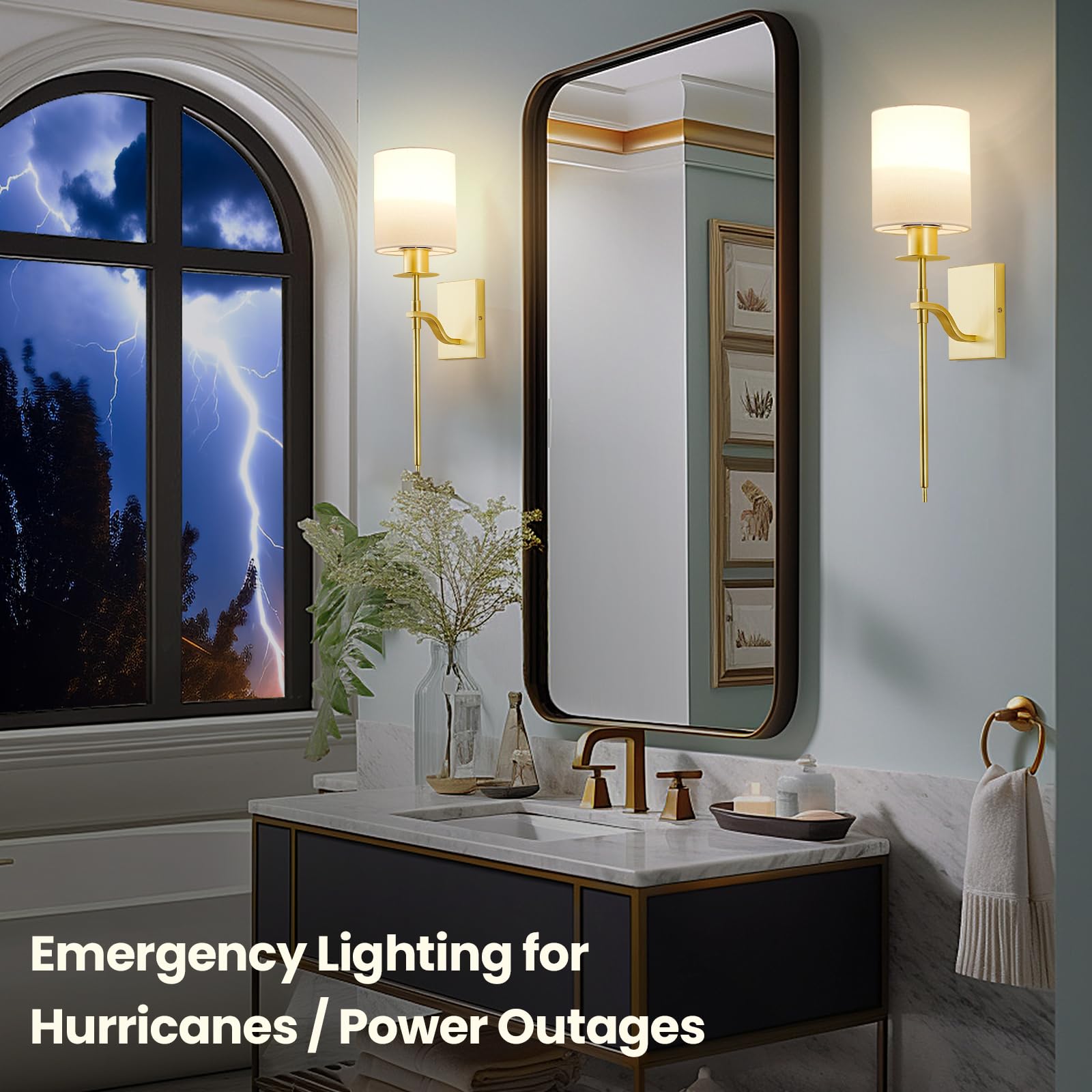 SURAIELEC Wall Sconce Battery Operated, Dimmable Gold Sconces with Remote Control, 3 Color Temperatures, Indoor Wireless Wall Light for Bedroom, Power Outage Lights, White Linen Shade, Set of 2