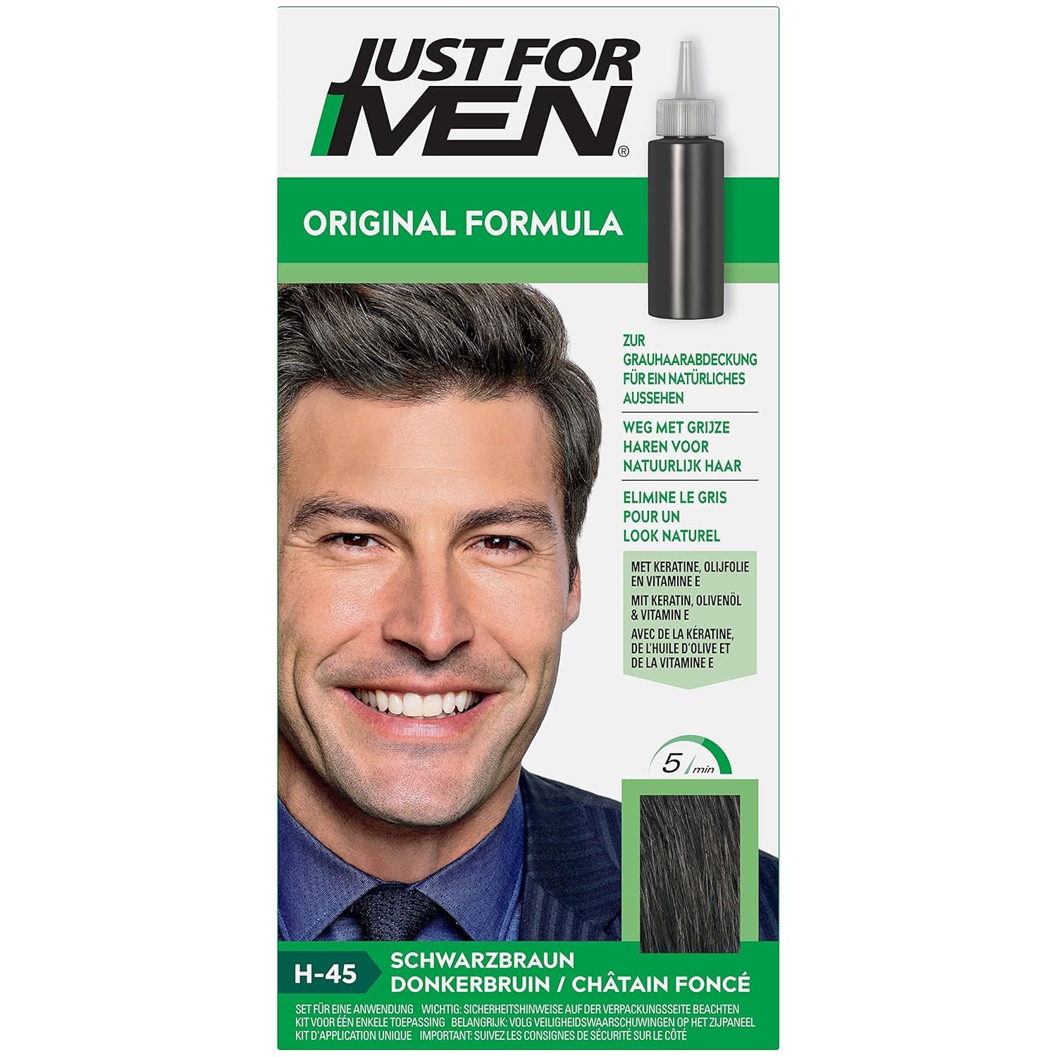 Just For Men Haarfarbe für Männer, Schnelle Anwendung in 5 Minuten, Deckt graue Haare ab für natürlichen Look, Schwarzbraun (H45)