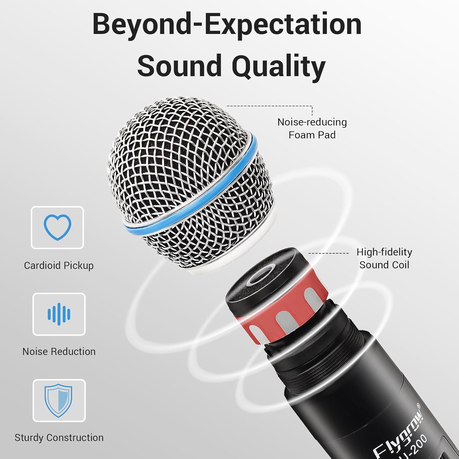 Wireless Microphone System, Metal Dual Pro UHF Cordless Dynamic Mic, Fixed Frequency Handheld Microphone System for Home Karaoke, Meeting, Church,250ft Range (2 Handheld)