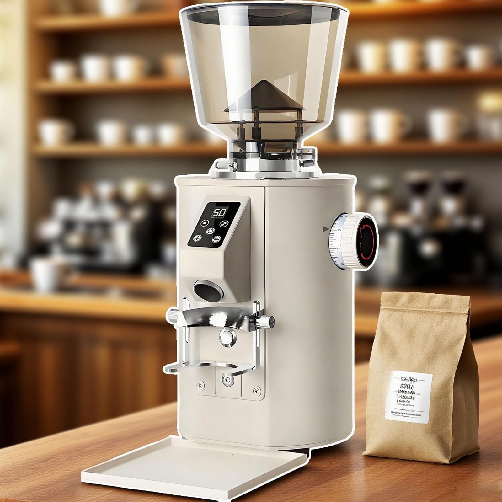 Molinillo De Café Comercial De 350W, Molino Cafe Electrico, Molinillo De Muelas Planas De 64mm, con 9 Ajustes De Precisión, Tolva con Capacidad De 450g Y Modos De Dosificación Doble Beige