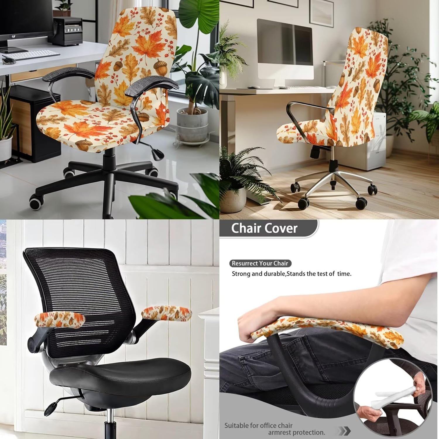Maple Leaf Acorn Print Computer Chair Cover with Armrest Protector 3 Pieces, Anti-Slip Stretch High Back Chair Slipcover for Fall