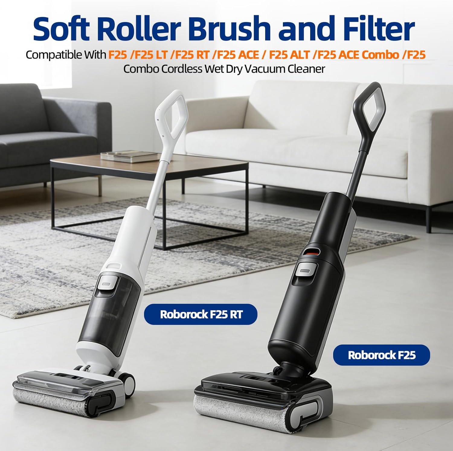Soft Roller Brush and Vacuum Filter Replacement Compatible with Roborock F25/ F25 ACE/ F25 ALT/ F25 LT/ F25 RT Cordless Wet Dry Vacuum Cleaner, 2 Roller Brush + 6 Filters + 1 Cleaning Brush