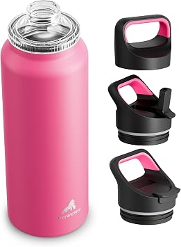 40 oz Insulated Water Bottle for Hiking 3 Lids, Leakproof, Keep Ice 24H and Hot 12H, Double Wall, Large Metal Water Flask with Handle for Sports, Camping, Climbing, Workout, Travel Tropical Pink