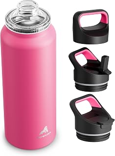 40 oz Insulated Water Bottle for Hiking: 3 Lids, Leakproof, Keep Ice 24H and Hot 12H, Double Wall, Large Metal Water Flask with Handle for Sports, Camping, Climbing, Workout, Travel (Tropical Pink)