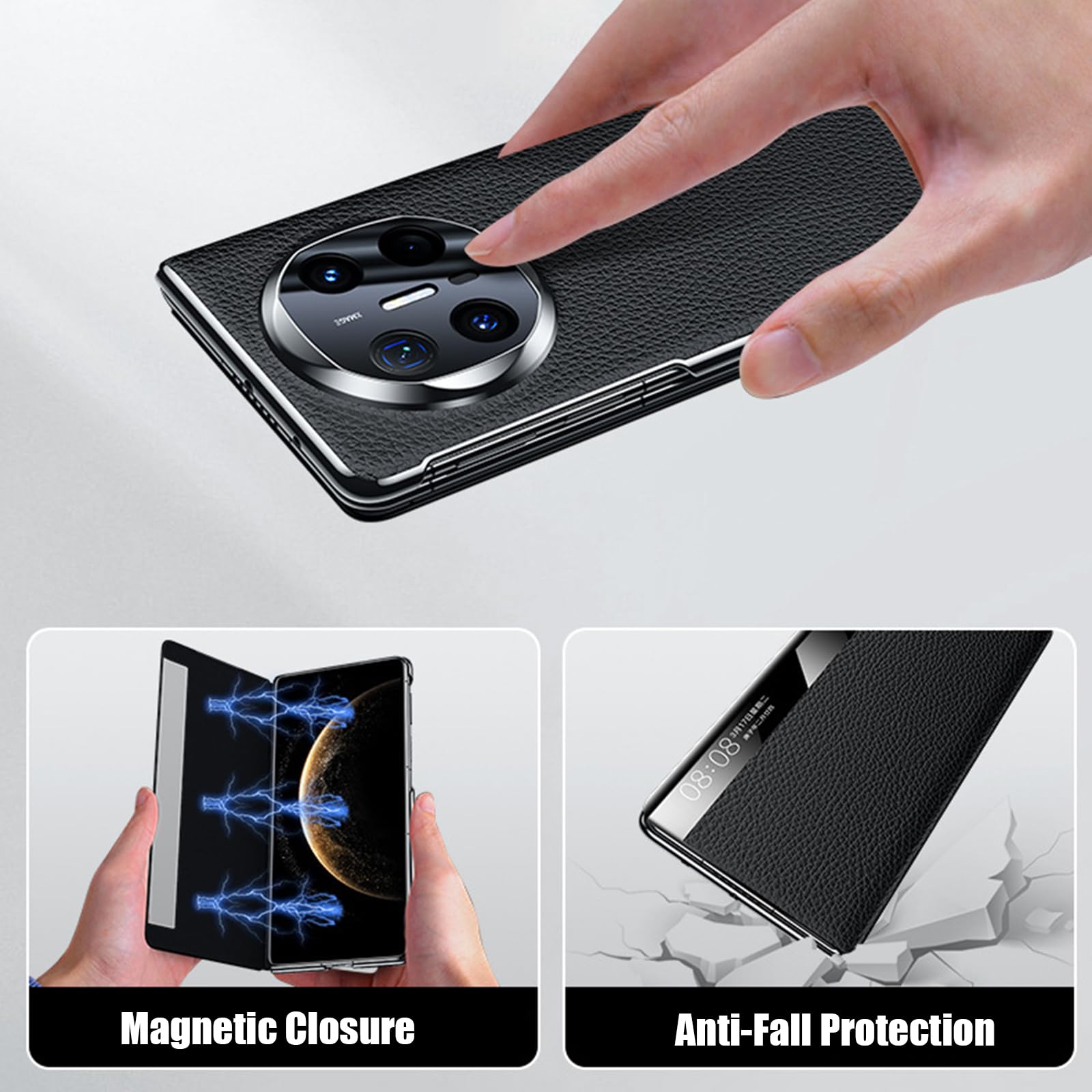 Etui z prawdziwej skóry do Huawei Mate X6, magnetyczne etui na klapę inteligentne okna Smukłe luksusowe etui biznesowe z ocynkowanym wzorem liczi, brązowe, Mate X6