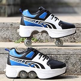 Double-Row Deform Wheel Automatic Walking Shoes Invisible Deformation Roller Skate 2 in 1 Removable Pulley Skates Skating Parkour (Blue Black, US 5.5)