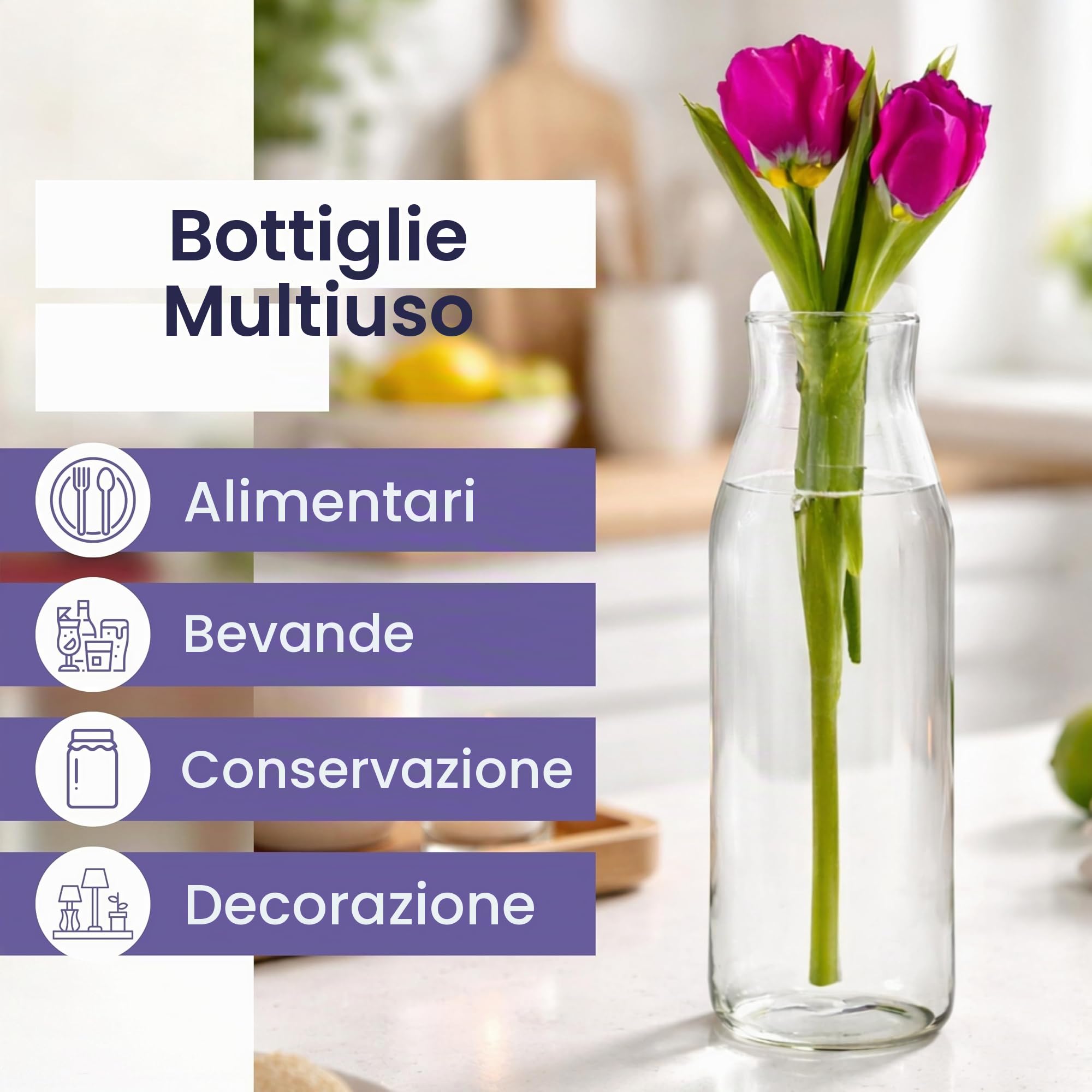 Caraffa per acqua da 1 litro, confezione da 2 caraffe in vetro con coperchio per bevande fredde, latte e succhi di frutta, bottiglie di vetro versatili per conservare detersivi