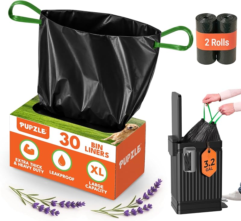 Pupzle Dog Poop Bin Liners, 3.2 Gallon Trash Bag Refills with Drawstrings | For Pupzle RECTANGLE Dog Poop Bin, Heavy Duty, Leak-Proof Replacement Bags (ONLY), Lavender Scented, 30 Count